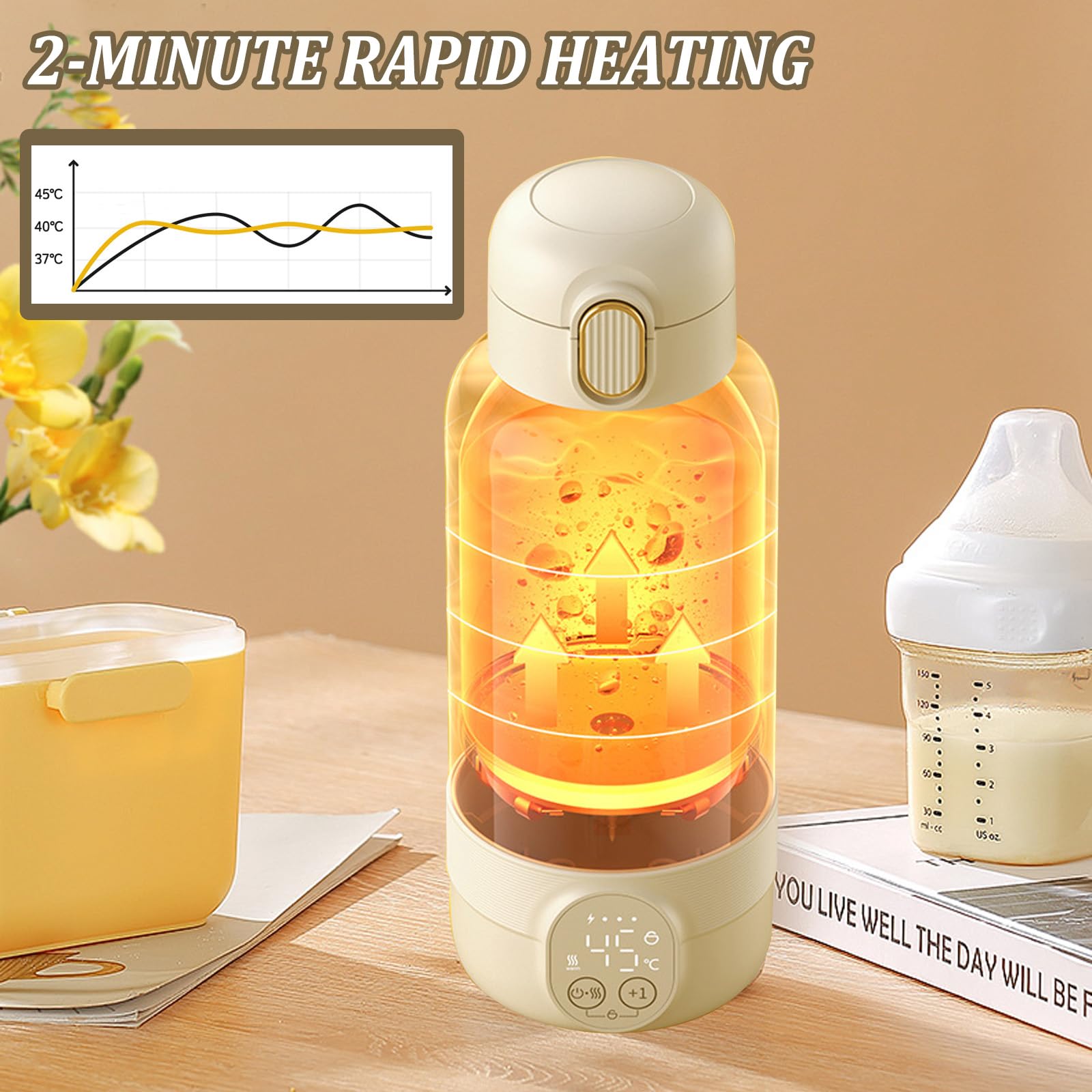 Cordless Portable Bottle Warmer, 500 ml, portatile, regolabile da 37 a 55 gradi, con indicatore LED, scaldabiberon in viaggio, 24 ore, temperatura costante per latte materno e acqua