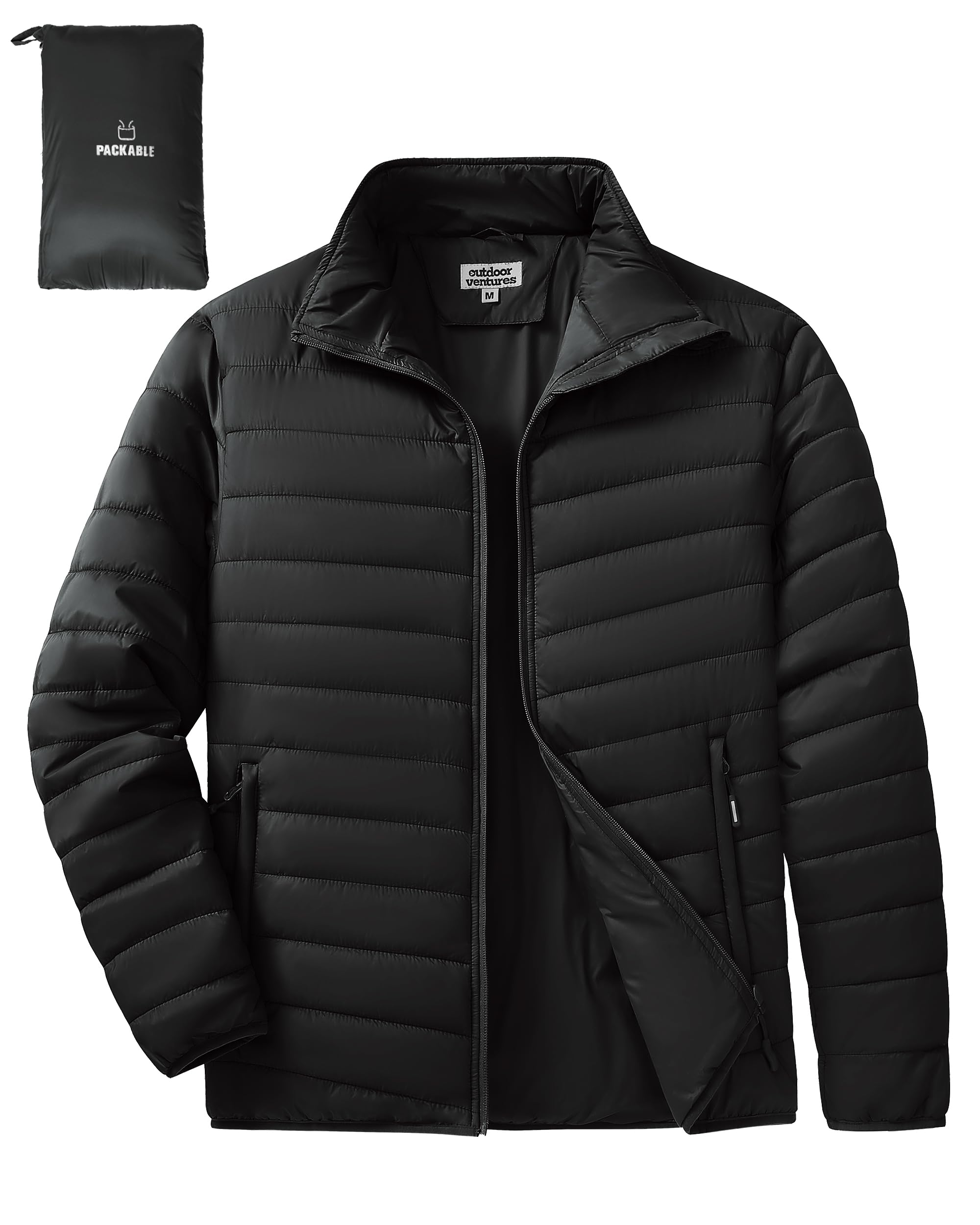 Outdoor Ventures Men's Packable Puffer Jacket Insulated Lightweight Puffy Coat Warm Portable Padded Water Resistant Jacket for Hiking Travelling Camping