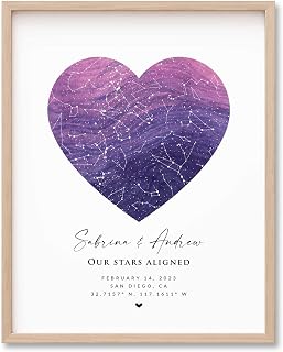 Custom Lavender Watercolor Heart Star Map Print, Personalized Night Sky Map, Wedding Anniversary Valentine's day Gift for Girlfriend Boyfriend Husband Wife Him Her