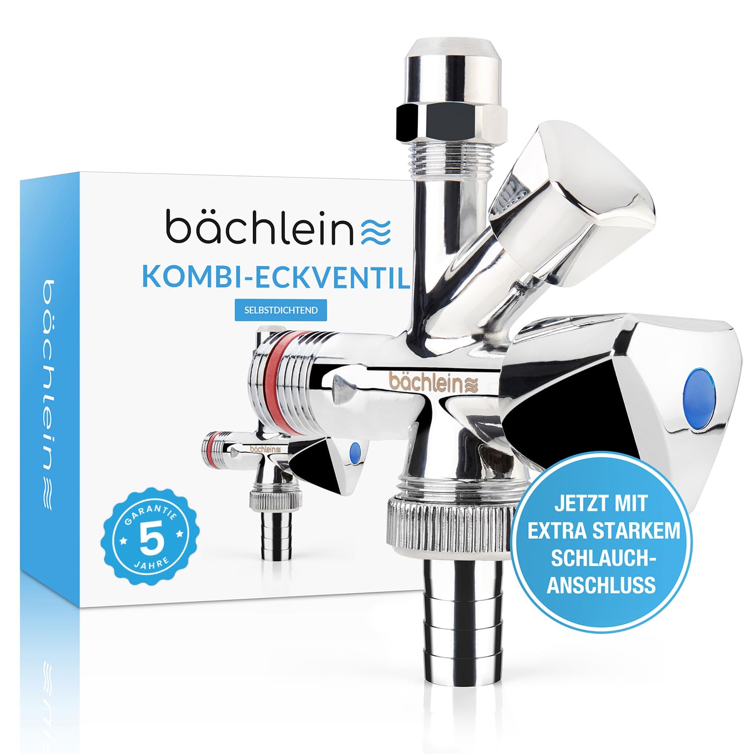 Bächlein Universal Messing, Kombi-Eckventil selbstdichtend, Kombinations-Eckventil für Kalt- und Warmwasserleitungen mit vielfältigen Anschlussmöglichkeiten, Eckventil