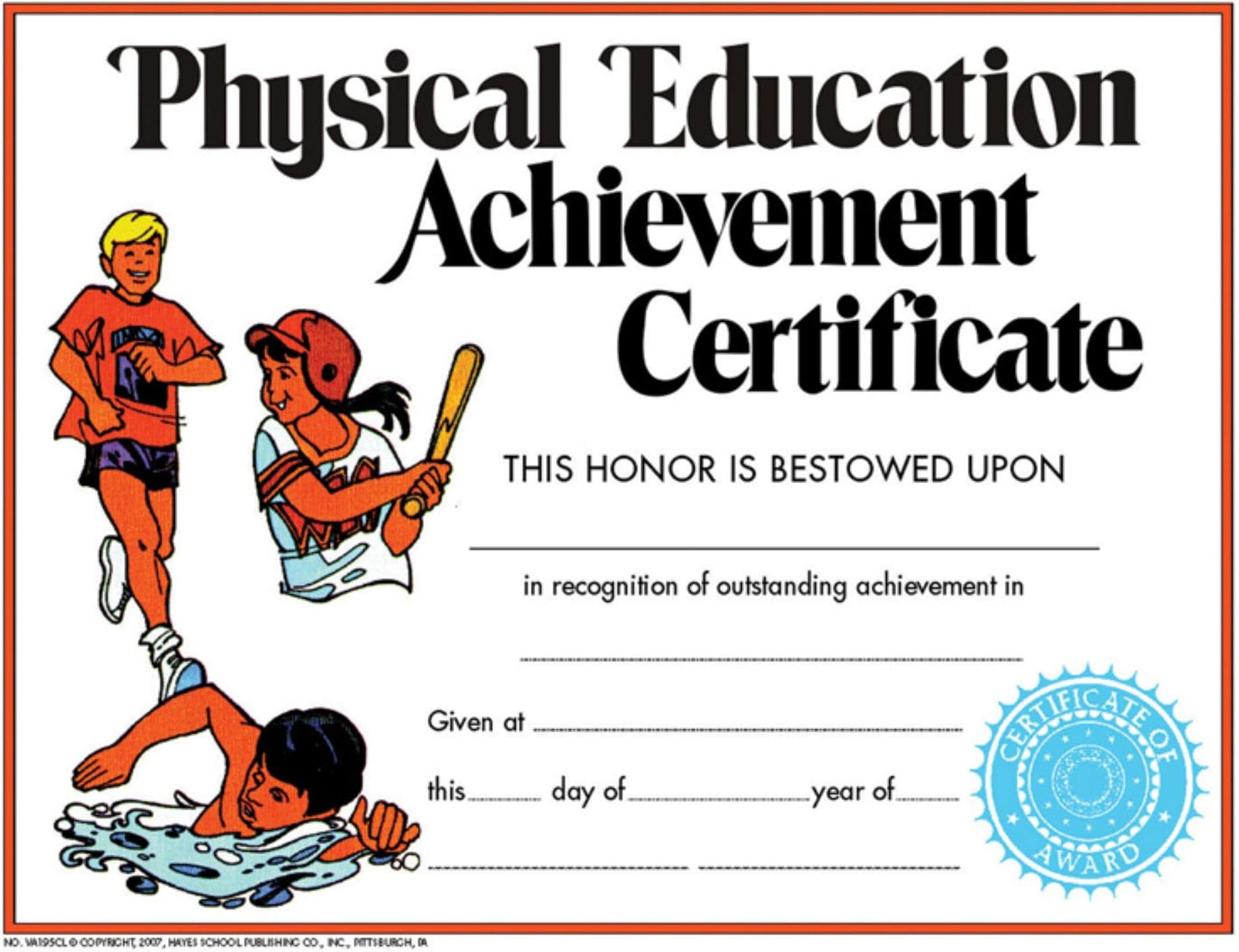 Hayes Physical Education Certificates, Gym Class Recognition Awards for Students, Customizable Awards, Full-Color Matte Finish, 8.5" x 11" - 30 Pack