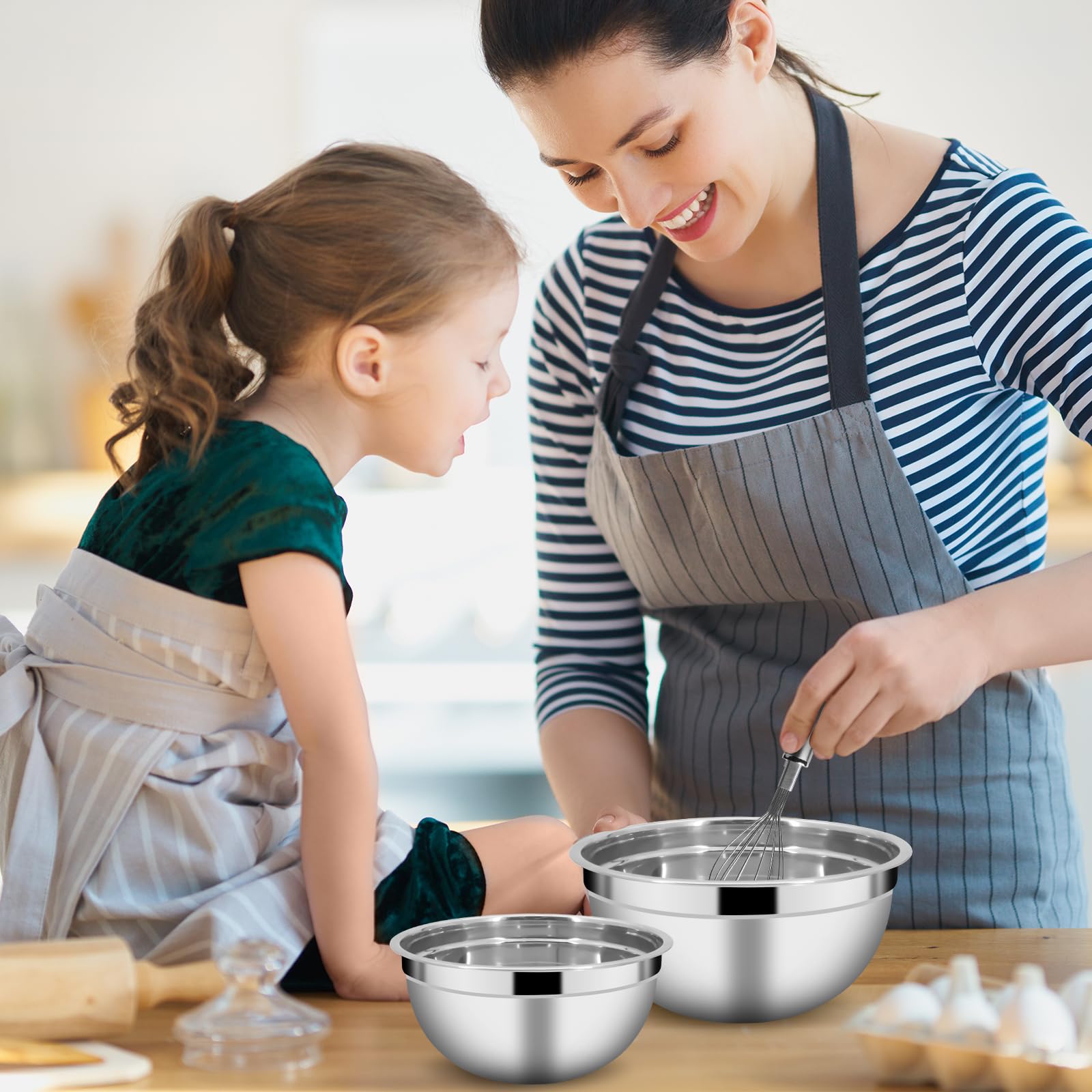 Tazoni per mescolare con coperchio, ciotole per mescolare con coperchio, set di 5 insalatiere in acciaio inox, ciotole di metallo per cucinare, preparare, servire (trasparente)