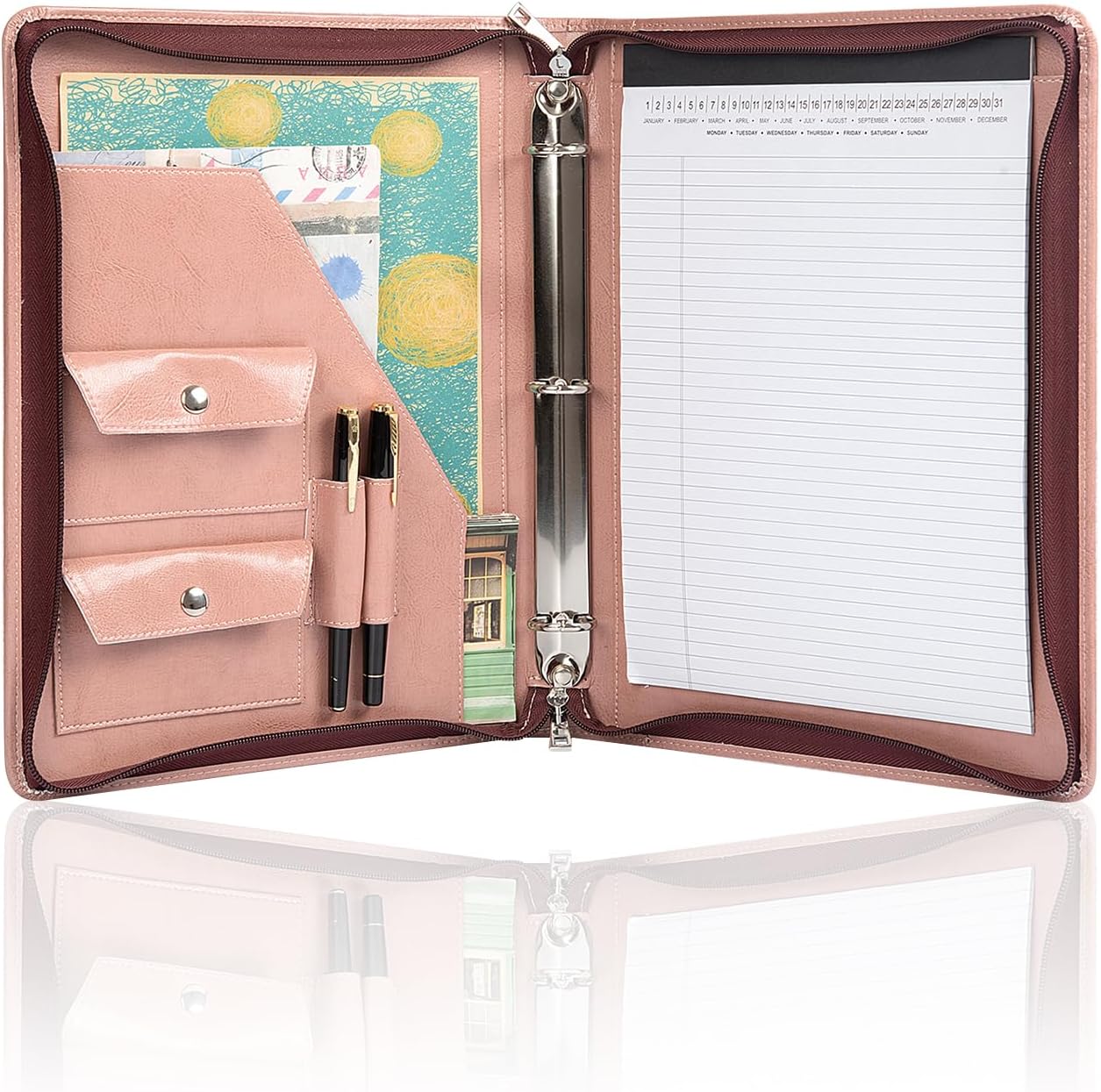 AZXCG 3 Ring Binder Padfolio, Vegan Leather Zippered Portfolio with A4/Letter Size Notepad Holder, Business Resume Work Organizer Folio, Leather Document Folder, Gift for Women, Pink