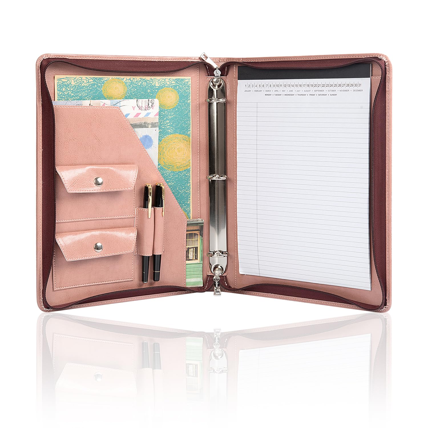 AZXCG3 Ring Binder Padfolio, Vegan Leather Zippered Portfolio with A4/Letter Size Notepad Holder, Business Resume Work Organizer Folio, Leather Document Folder, Gift for Women, Pink