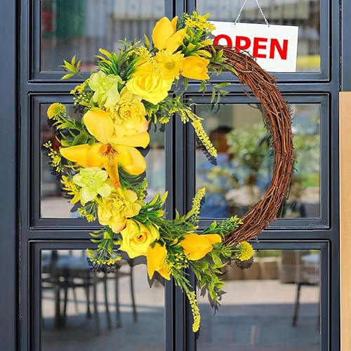Miniatura 9 de Corona artificial de rosas amarillas, corona de flores de ratán, corona de primavera para puerta delantera, ventana, pared, boda, fiesta de Navidad,