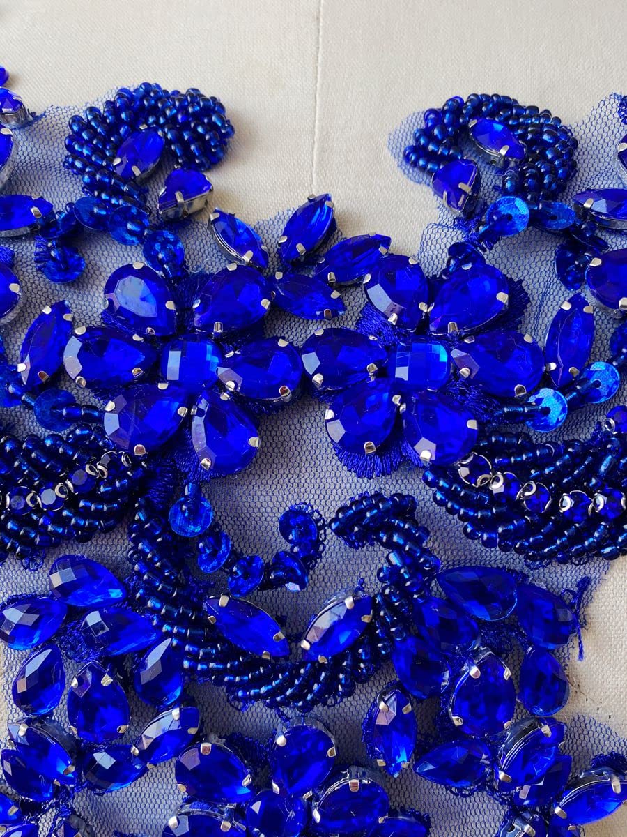 Handmade Rhinestones lace Applique handsewing Beads Trim Patches Neckline for Dress Clothes Accessory (Blue) - Image 2