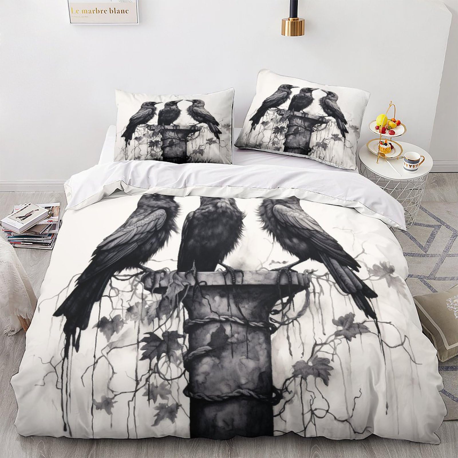 OPSREY Raven Finesse Duvet Bedding Sets with Hidden Zipper Closure, Microfiber Polyester crows Comforter Sleep Aid Quilt Cover Kids And Adults Boys Girls Double（200x200cm）