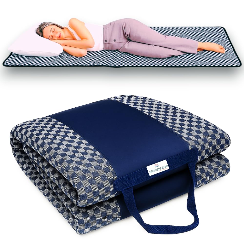 Sleepezee Premium Foldable Mattress for Floor – Lightweight Portable Travel Mattress for Guest Bed, Camping & Floor Sleeping – Cotton Fabric and Soft Foam, Portable & Washable (72″ x 48″ Blue)