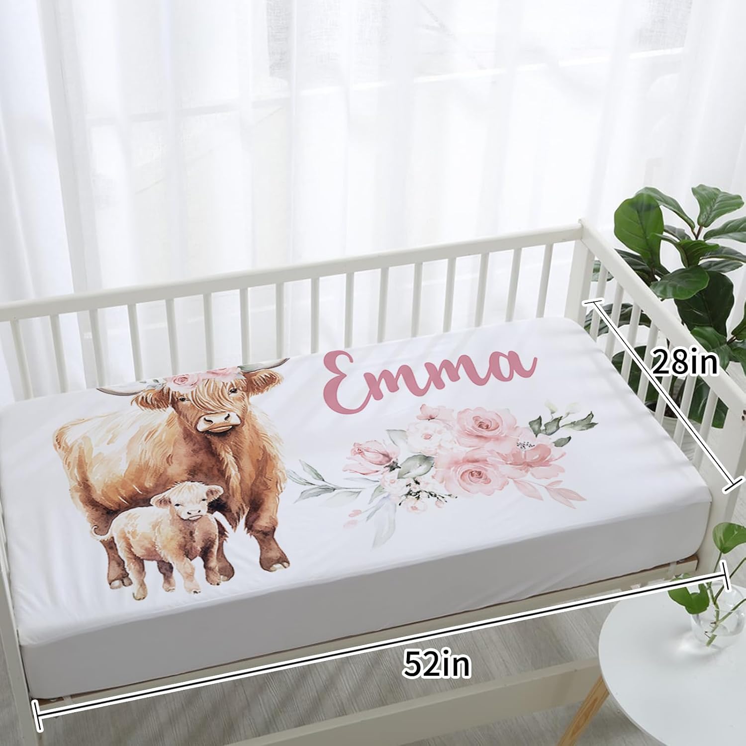 Custom Baby Crib Bedding Set,Personalized Name Pink Highland Cow Pattern Nursery Bed Set 4 Piece,Baby Blanket Fitted Sheet Nursery Rug Wall Art Set,Custom Room Decor Idea Gift for Newborns Boys Girls