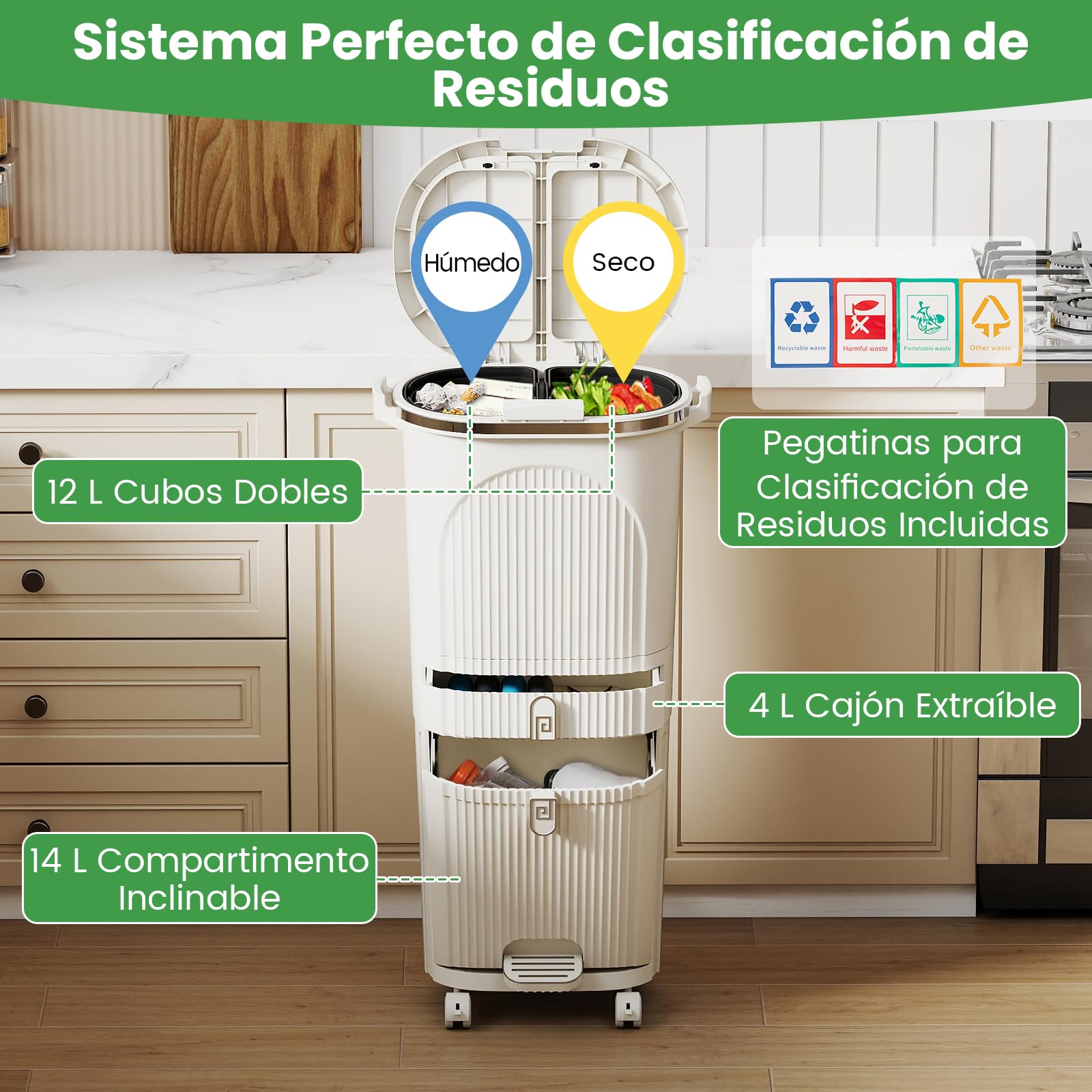 COSTWAY Cubo de Basura Cocina Reciclaje de 42L, Papelera de Reciclaje con 4 Compartimentos, 2 Cubos Extraíbles, Cajón, Pedal y Ruedas, Contenedor de Residuos para Cocina, 43 x 29 x 82.5 cm (Beige)
