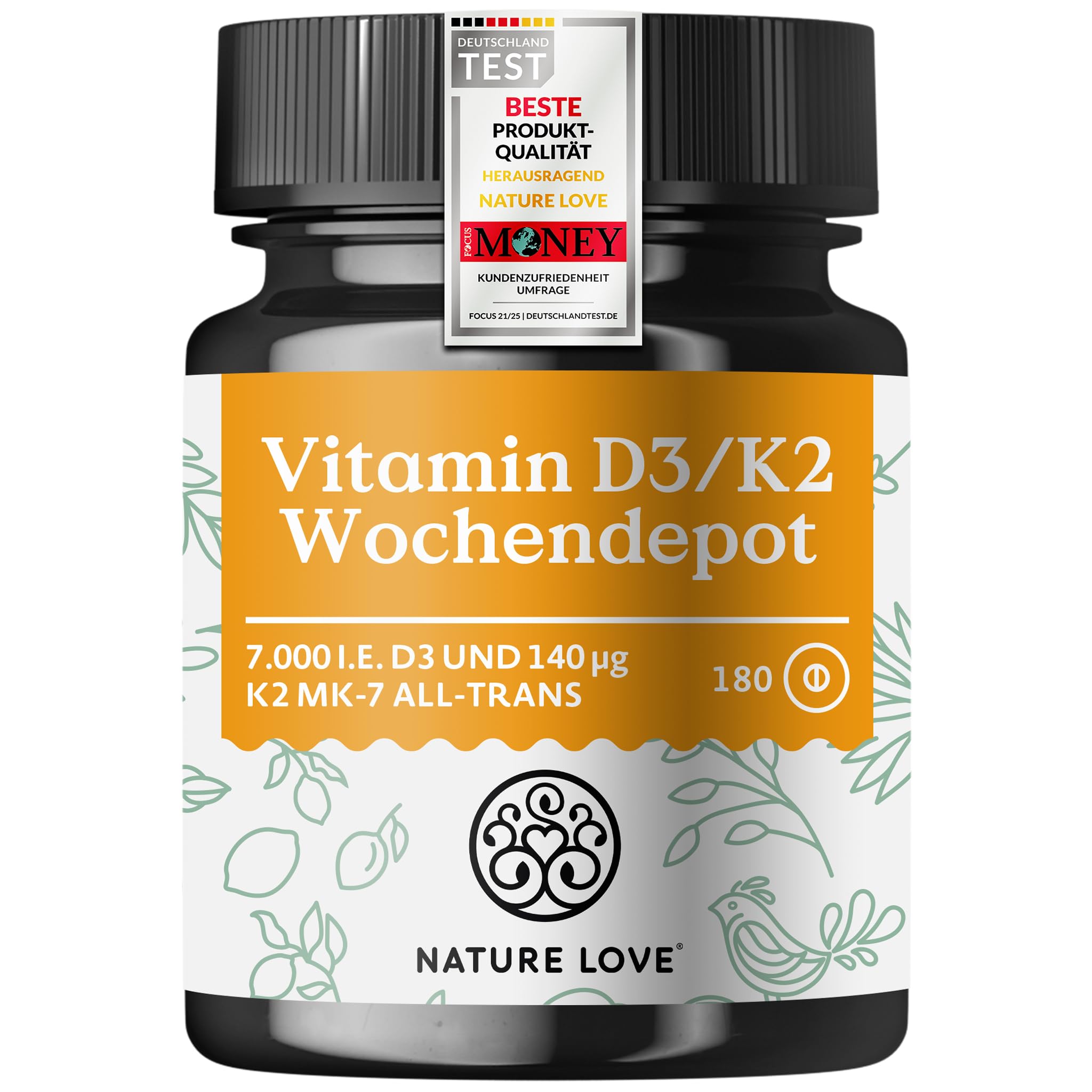 Nature Love Vitamin D3 K2 Wochendepot - 180 vegane Tabletten - 7000IE D3 + 140µg K2 pro Tablette mit >99,7% all-trans - Hochdosiert & vegan - Laborgeprüft, in Deutschland produziert