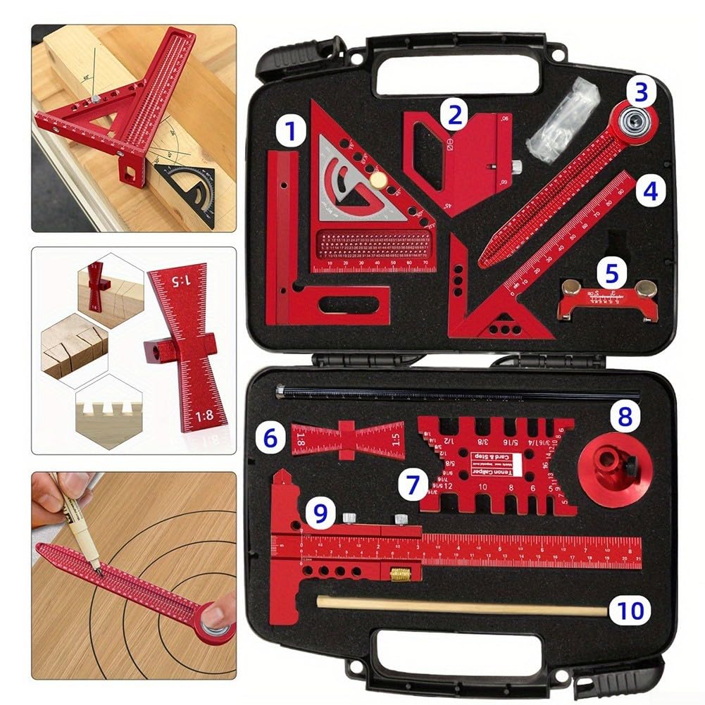 Set Righello Squadro Lega Alluminio Marcatura Misure Falegnameria Scatola Rossa(10pcs)
