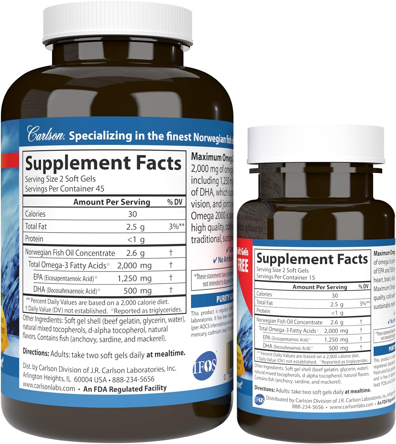 Carlson - Maximum Omega 2000, 2000 mg Omega-3 Fatty Acids Including EPA and DHA, Wild-Caught, Norwegian Fish Oil Supplement, Sustainably Sourced Fish Oil Capsules, Lemon, 90+30 Softgels : Health & Household