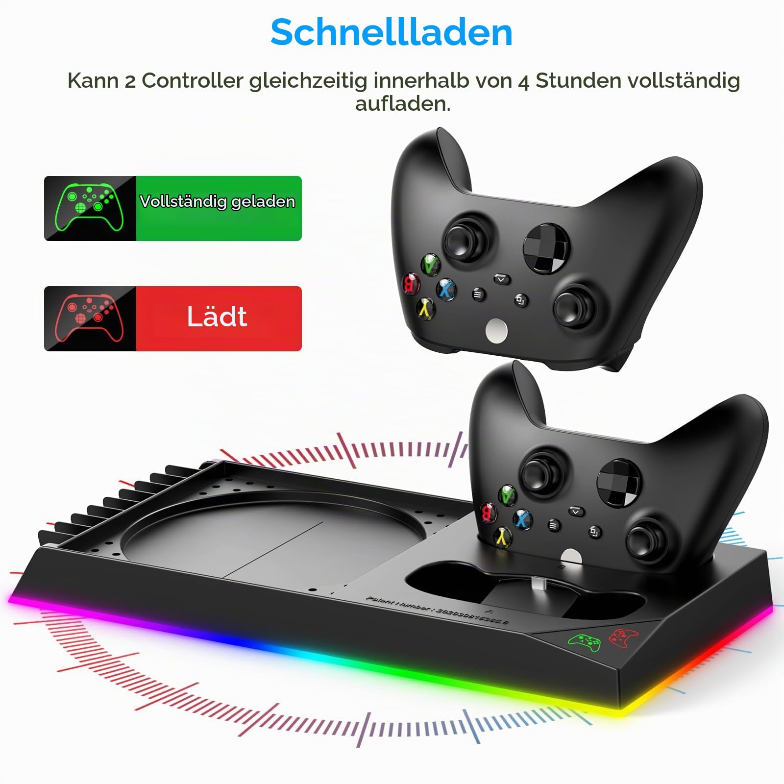 FYOUNG Vertikaler Ständer für Xbox Serie X mit Kühlventilator& RGB LED Lichtern, Ladestation mit Controller Ladegerät Dock &Game Storage Rack Organizer& Headset Stand mit 2 wiederaufladbarer Batterie