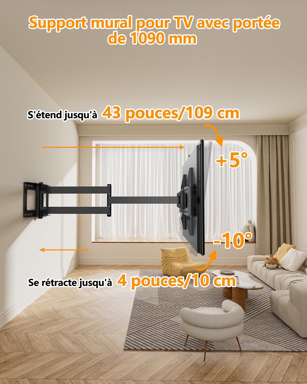 FORGING MOUNT Support Mural TV à Extra Longue, Portée 1090 mm, 37-80 Pouces | VESA max 600x400 mm, Charge maximale 50 kg, Support mural TV d'angle Plats/Incurvésde et rotation, Écrans plats ou incurvés