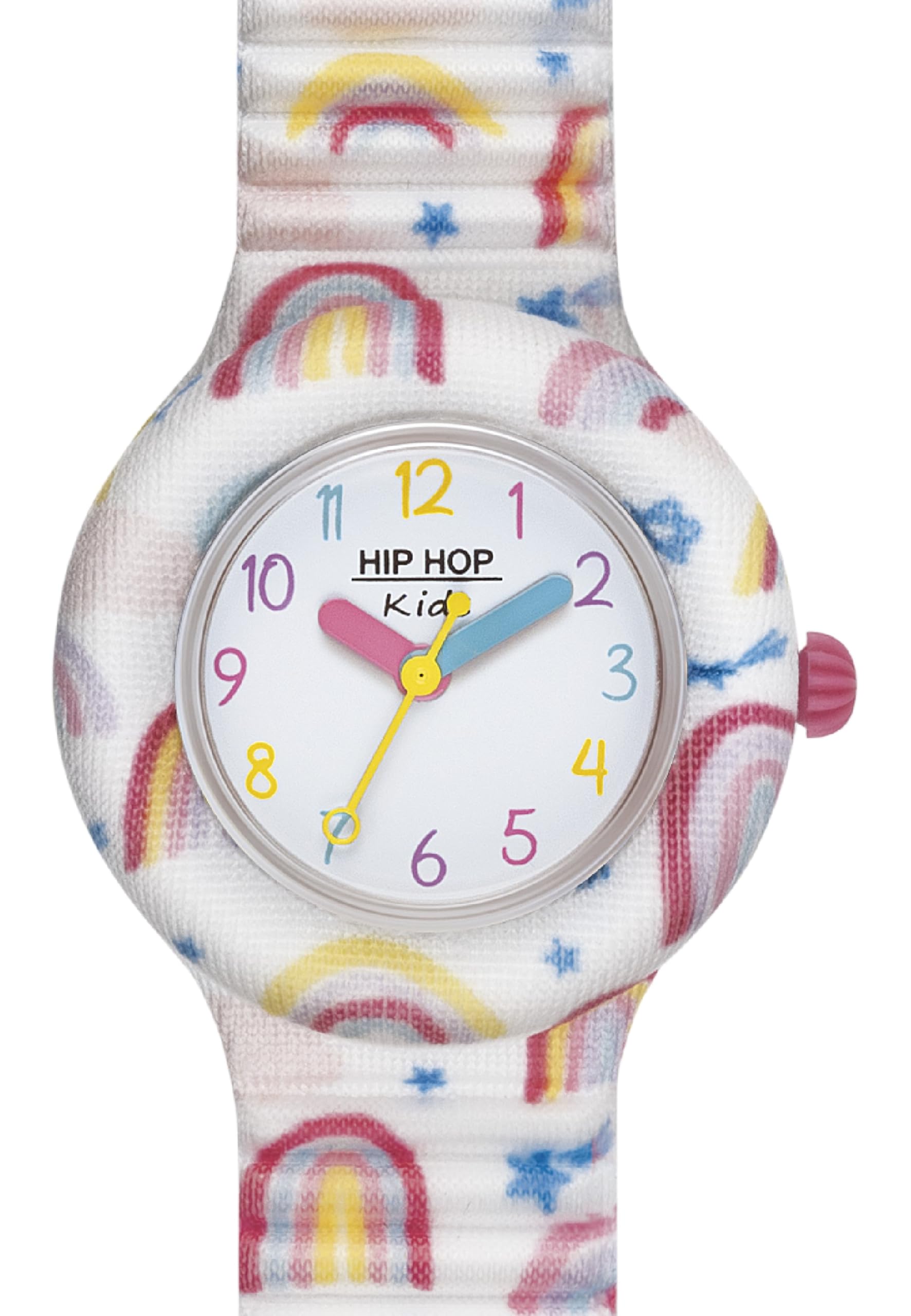 HIP HOP, Collezione Kids Fun, Orologio Bambini Rainbow, con Cinturino Intercambiabile in Silicone e Tessuto, Pratica Chiusura, Indici Multicolore, Sfere Rosa, Azzurra e Gialla, Cassa 28 mm
