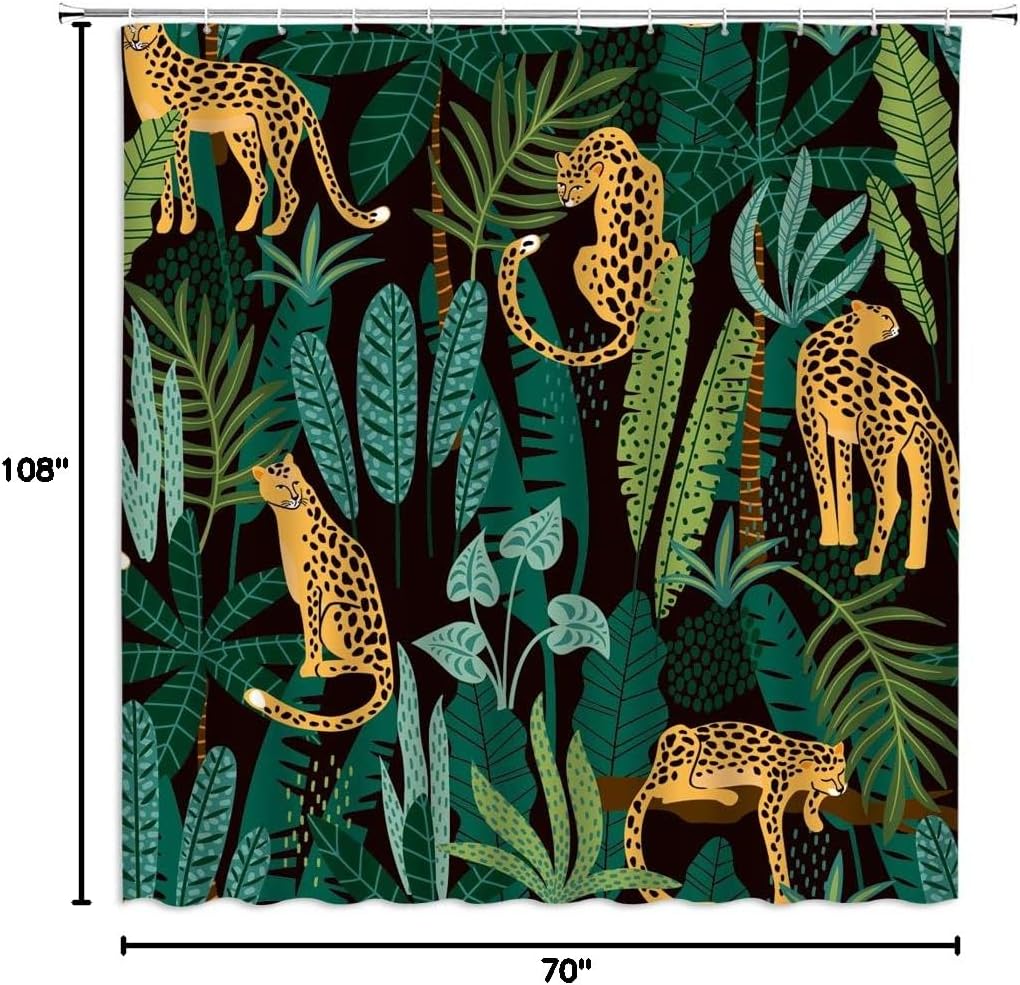 Leopard Shower Curtain Asian Wildlife Animal Leopard Cheetah Tiger Green Topical Palm Leaf Topical Watercolor Modern 108" Wx70 H Bathroom Decor Curtain with Hooks