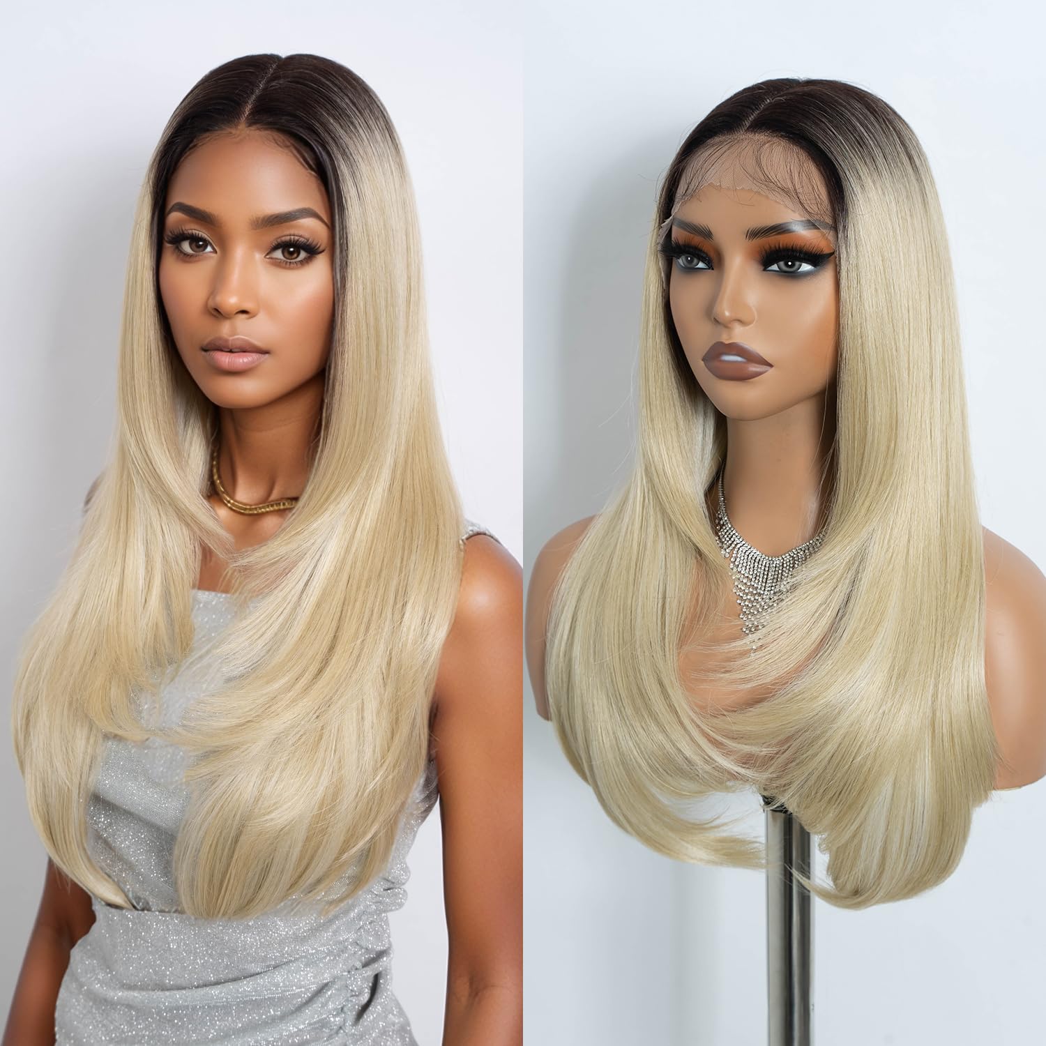 NOBLE Blonde Highlight Straight Layered Wig for Women 24 inch Synthetic Lace Front Wig Ombre Blonde Wig for Daily