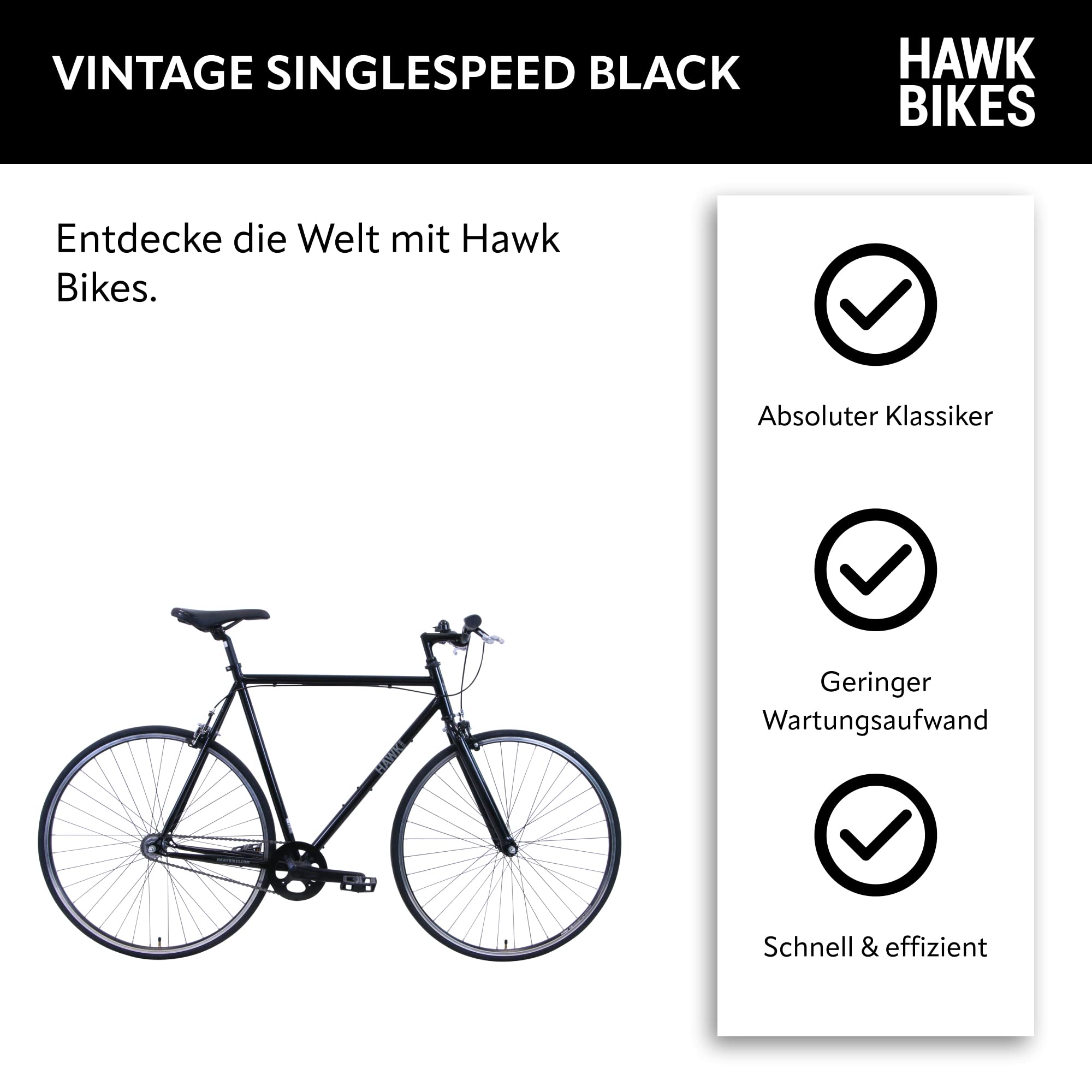 HAWK Vintage Singlespeed Fahrrad 28 Zoll Herren & Damen (60 cm) I Sportliches Fixie mit klassischem Stahlrahmen I Rennrad mit Felgenbremse I Black