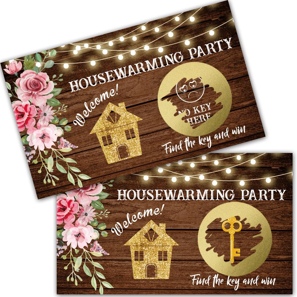Haizct 50 Pack Housewarming Scratch Off Game, Wood Grain Key Scratch Card for Rustic New Home New House, Housewarming Party Card Lottery, Bridal Shower Activity and Idea