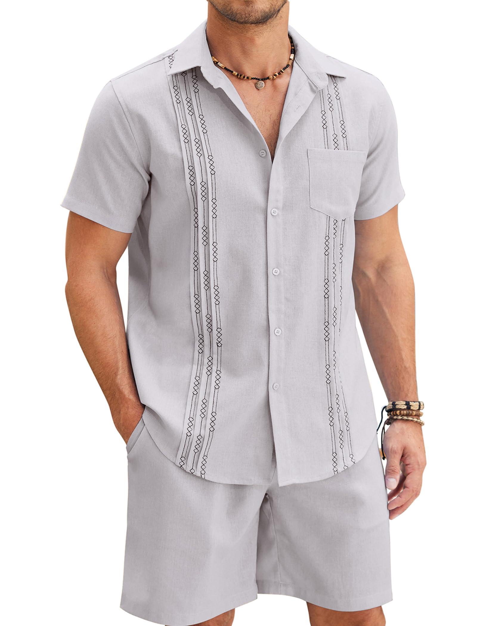 COOFANDY Men Linen Sets Outfits 2 Piece Short Sleeve Cuban Shirts Guayabera Linen Suit