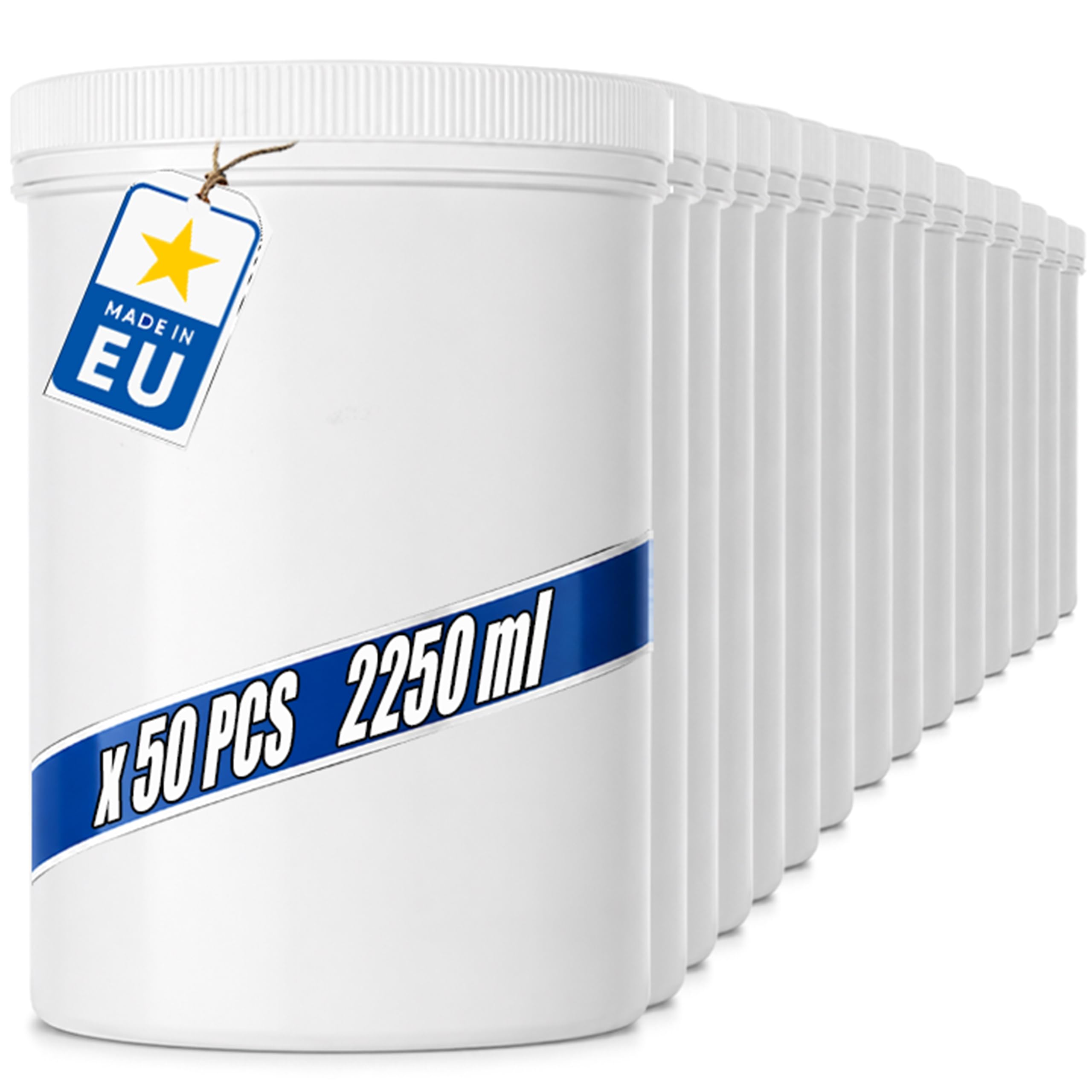 POSH Contenitore ermetico da 50 x 2250 ml, in PET per uso alimentare, con coperchio a vite, barattoli in plastica bianca con coperchio, per farina, zucchero, caffè, barattolo rotondo in plastica