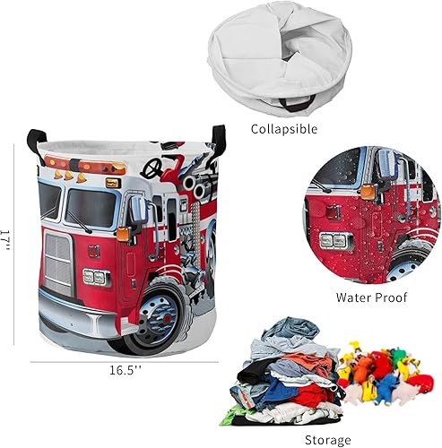 Miniatura 5 de Cesto de lavandería plegable de 17 pulgadas, cesta de ropa impermeable para camión de bomberos rojo para baño, dormitorio, sala de estar, cestas de