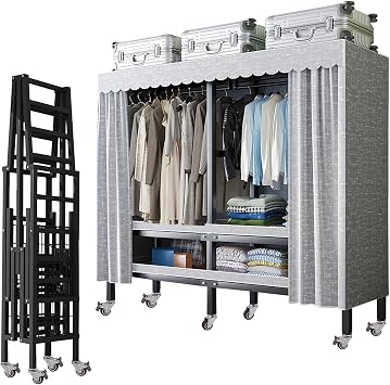 Heavy Duty Rolling Covered Metal Garment Rack with Lockable Wheels and Door, Load 2000lbs, Portable Closets for Hanging Clothes, Large Capacity 360Enclosed Clothing Racks 125cm/49.2in