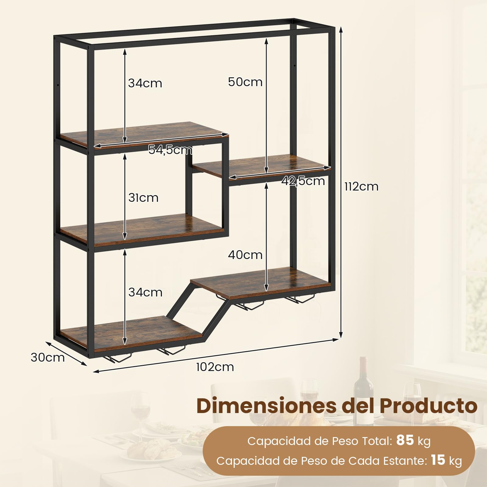 COSTWAY 102 cm Estante de Pared para Vinos, Botellero Colgante de 6 Niveles con Estante para Botellas y Soporte para Copas, Estructura Metálica, Soporte Flotante para Exhibición de Vino, Bar, Comedor