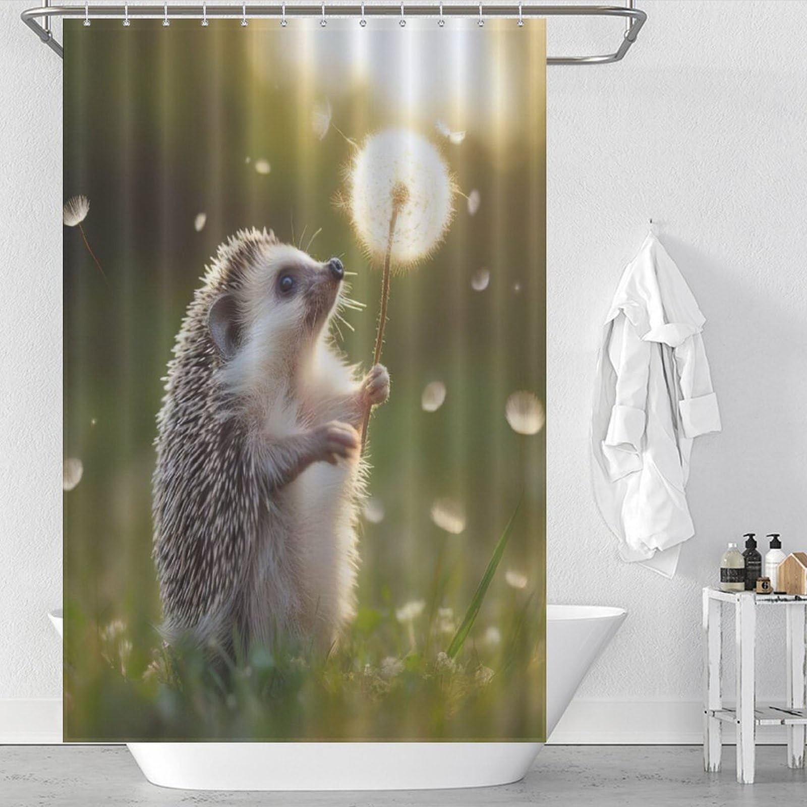 PAZZK Hedgehog Shower Curtain, Bath Curtains Water Repellent Polyester Decorative Shower Curtains Art Deco With 12 Curtain Hooks Machine Washable, 48x72Inch（122x183cm）