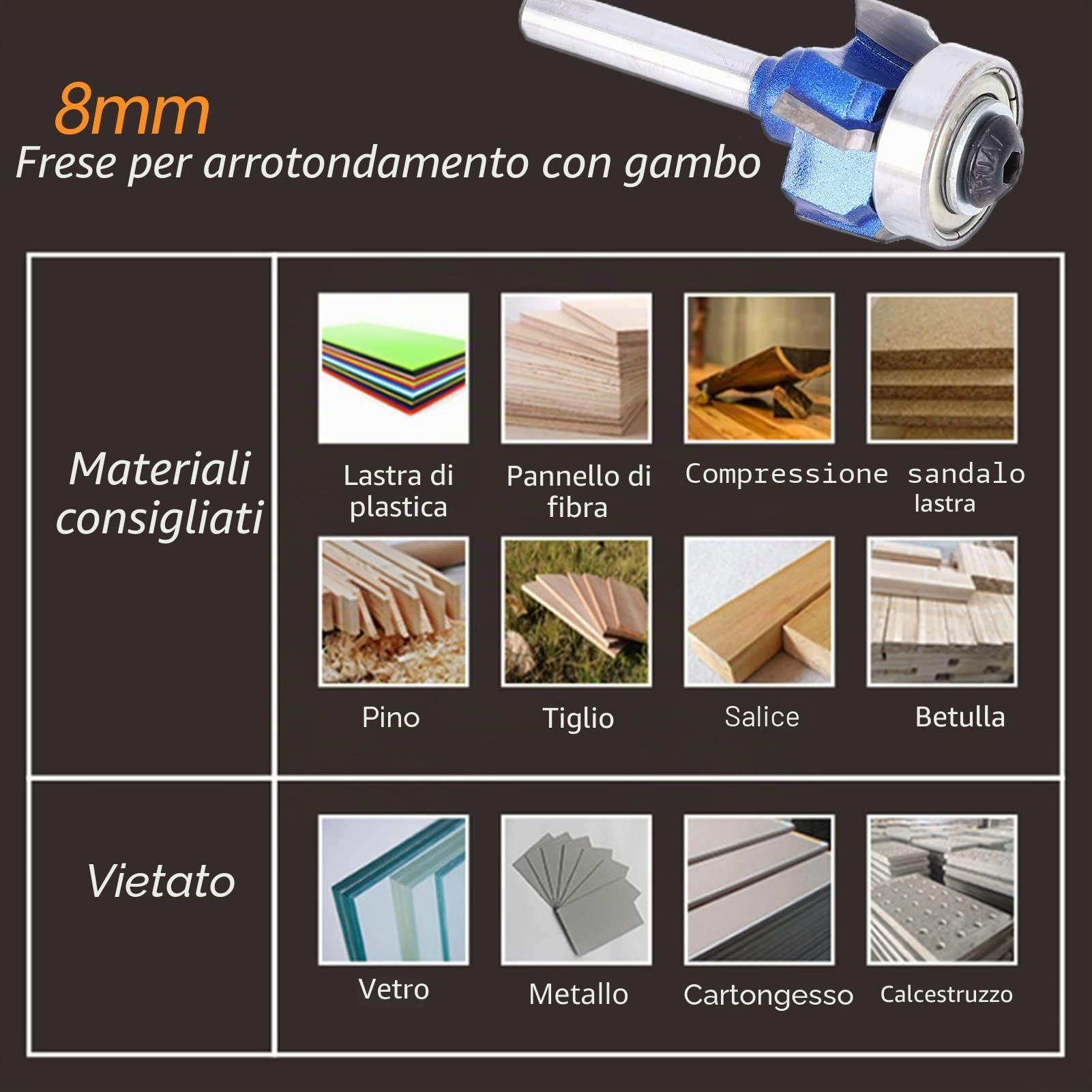 Punte per router arrotondati con gambo 8 mm, punta per bordi arrotondati angolari in metallo duro, taglierina per bordi a 4 taglienti per fresatura del legno, raggio metrico(1mm)