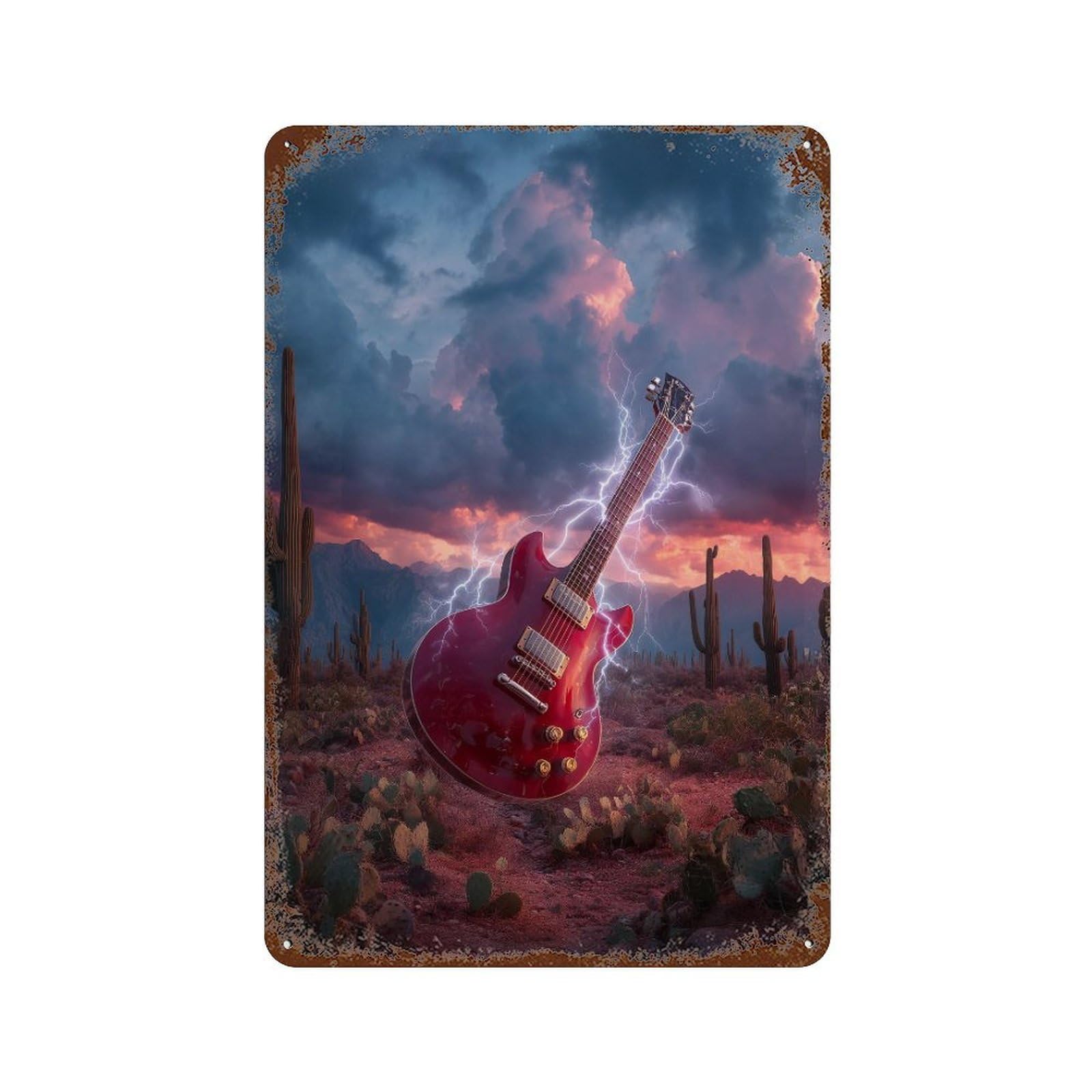 Rust Effect Electric Guitar in Desert Storm Rusty Metal Tin Sign 11.8"x7.9", Farmhouse Wall Decor for Cafe, Home Bar And Lounge Decor
