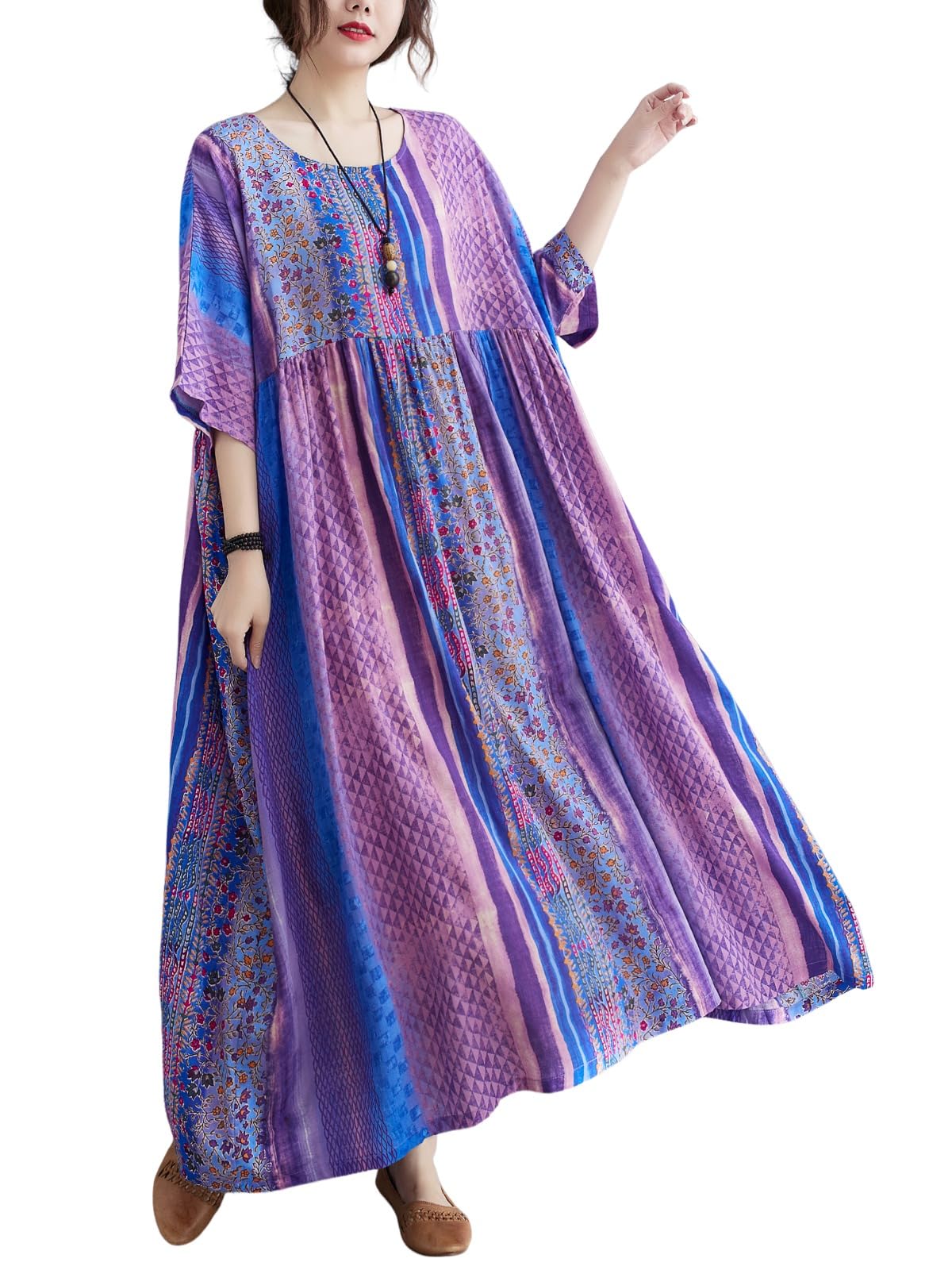 ENGLUCK Women Summer Dress with Pockets Plus Size Boho Floral Print Round Neck Loose Casual Flowy Dress