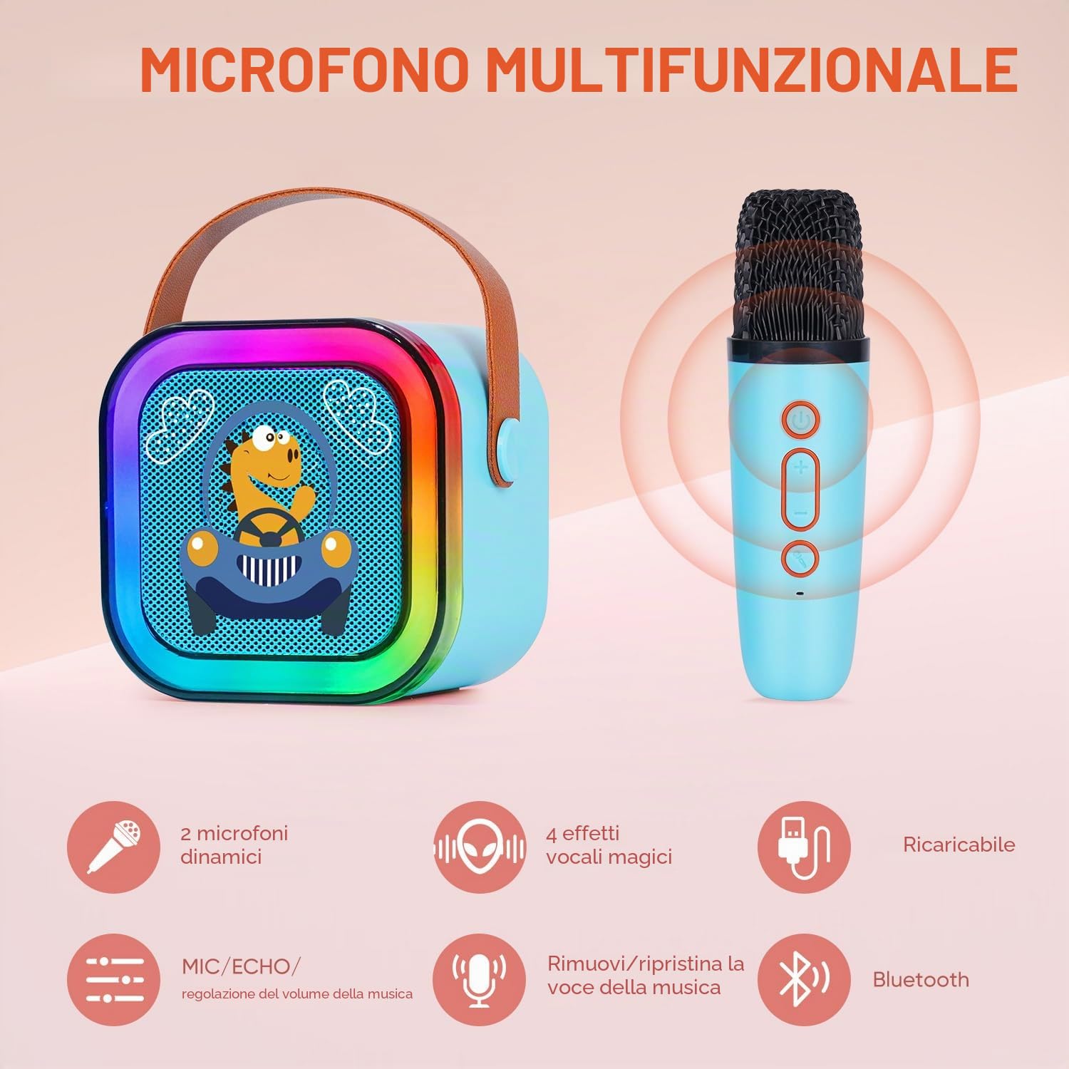 DYNASONIC A29. Karaoke con due microfoni. Altoparlante Bluetooth Karaoke per bambino Giochi elettronici per bambino da 3 a 15 anni (Dinosauro)