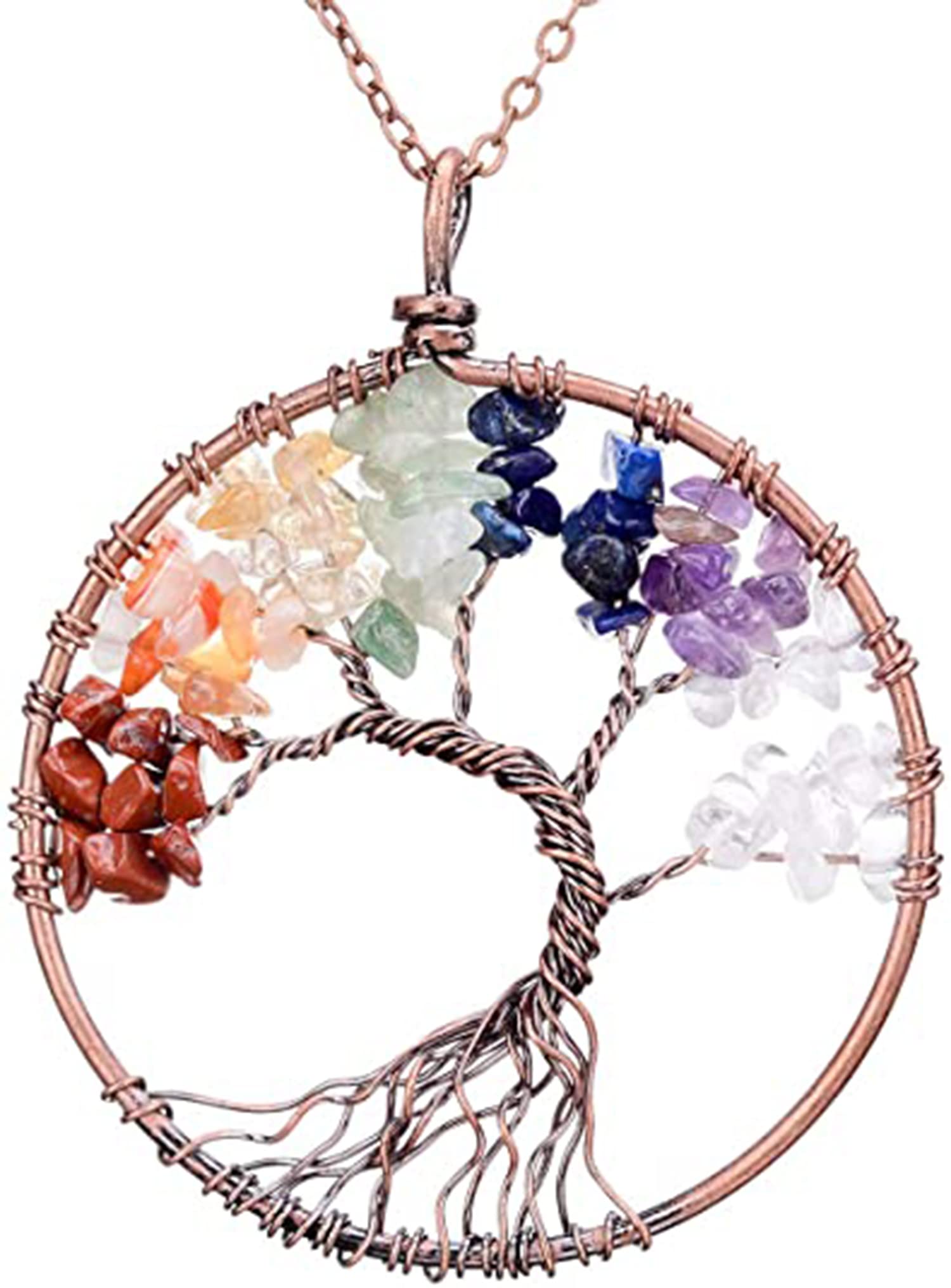 Crystal Pendant Necklace, 7 Color Tree of Life Crystal Pendant Necklace, Tumbled Stone Exquisite Tree of Wisdom Ancient Copper Necklace, Chakra Gemstone Copper Wire Wrap Necklace