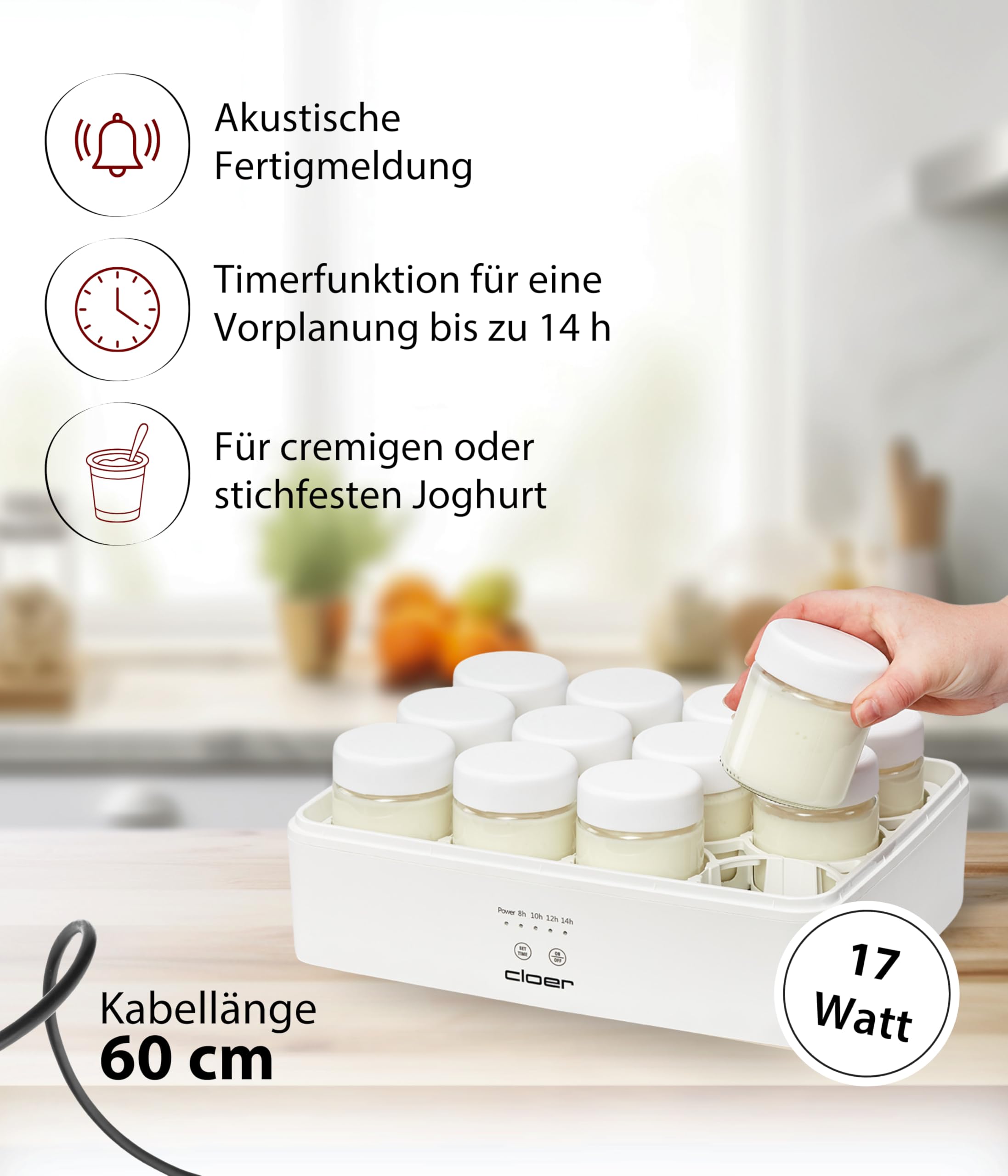 Cloer 9921 Yaourtière pour 12 pots, chacun 150 ml de capacité, pour yaourts et ferments, minuterie, 8 à 14 heures, boîtier en plastique blanc, 17 W, couvercle transparent