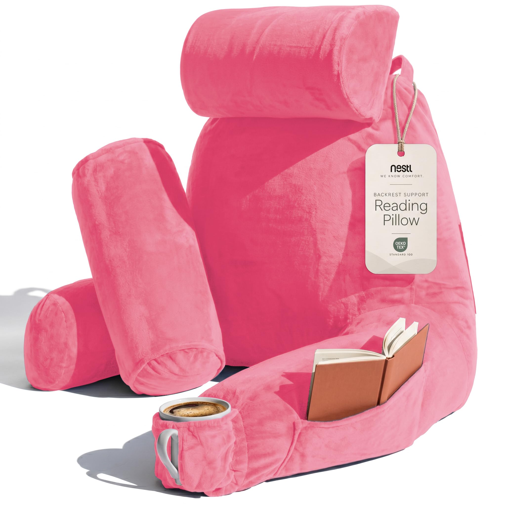 Nestl Reading Pillow with Shredded Memory Foam Includes 2 Neck and Lumber Support Pillows, Designed for Sitting Up in Bed and Couch, Back and Arms Adjustable Support for Adult &amp; Teens, Light Pink