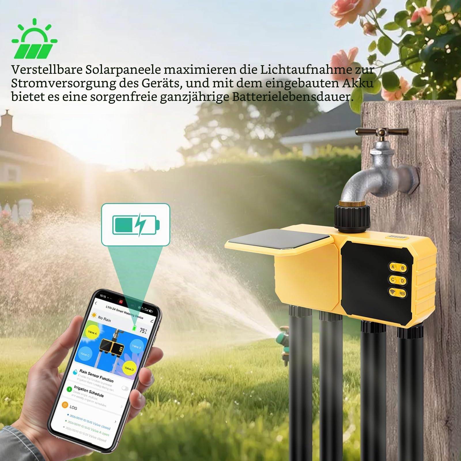 Nikou Bewässerungscomputer WLAN mit 4 Ausgänge, Solaranlagen Bewässerungssystem Zeitschaltuhr Gartenbewässerung, Automatischer und Manueller Modus, mit APP, Regenverzögerung für Balkon Rasen Garten