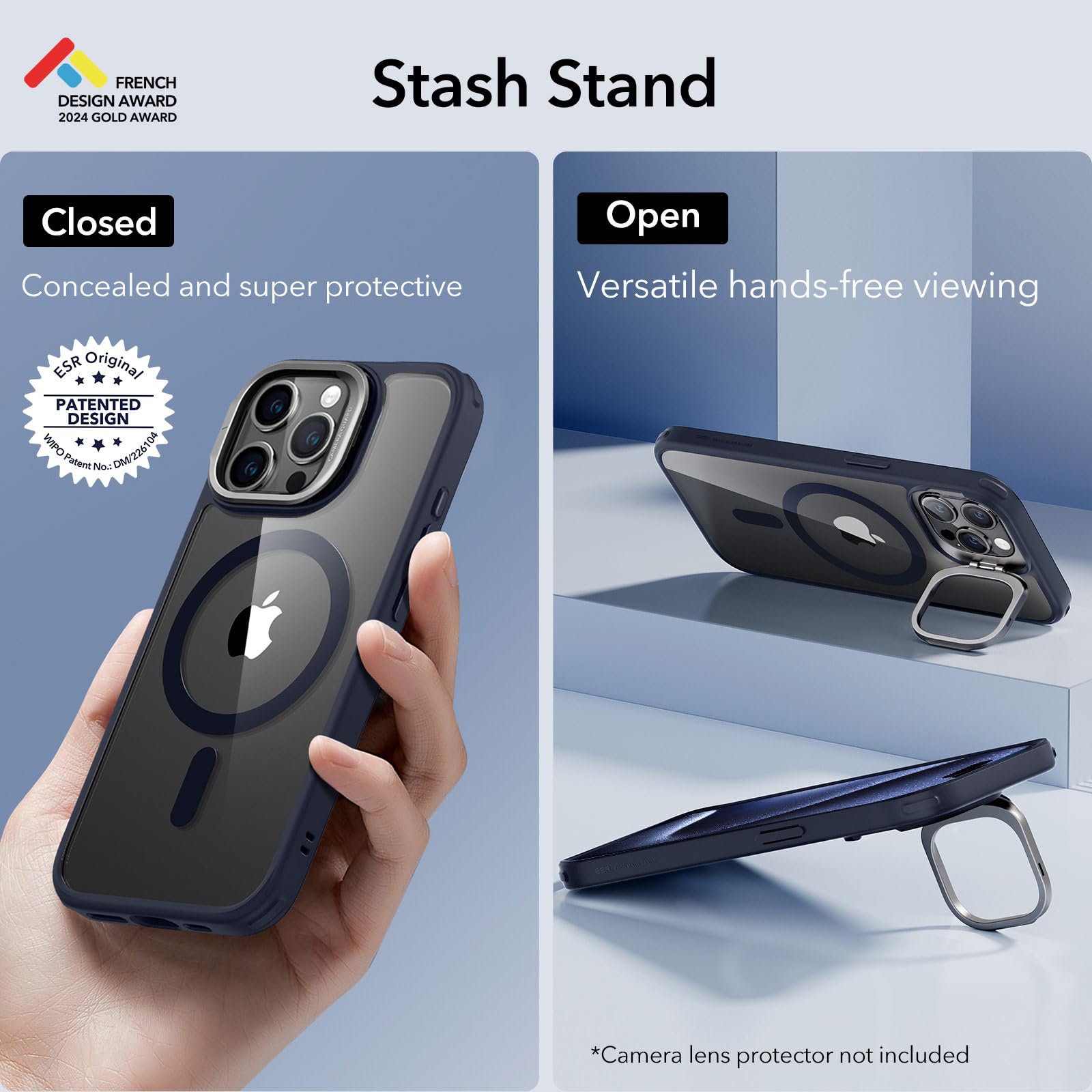 ESR Cover per iPhone 15 Pro Max con Cavalletto Magsafe, Custodia con Halolock, Protezione di livello militare, Supporto ad anello per la fotocamera integrato,Blu Trasparente