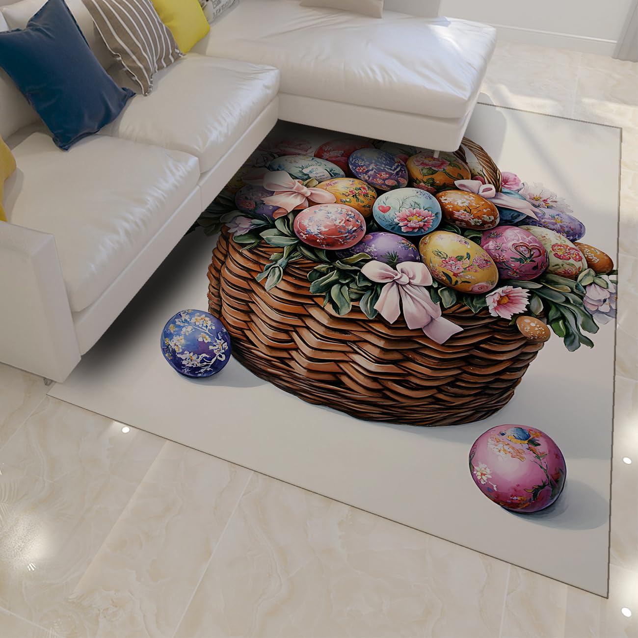 Tapis 120x150cm motif œufs de Pâques blanc style vintage pour salon et chambre