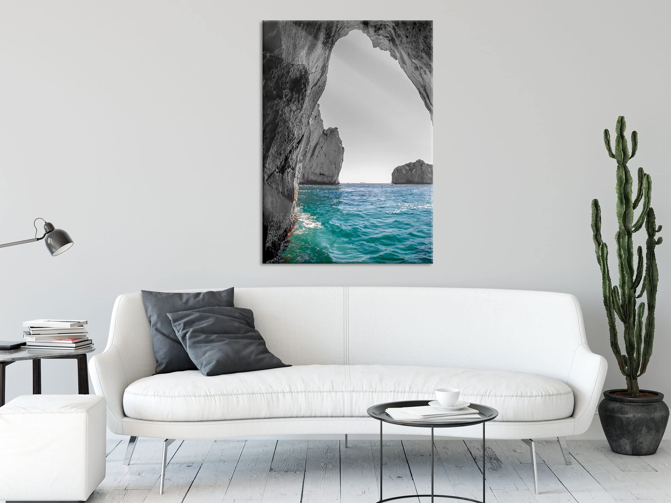 Pixxprint Glasbild, Wandbild aus Echtglas, Felsenbucht im Meer schwarz/weiß, 60x80 cm, inkl. Aufhängung und Abstandshalter