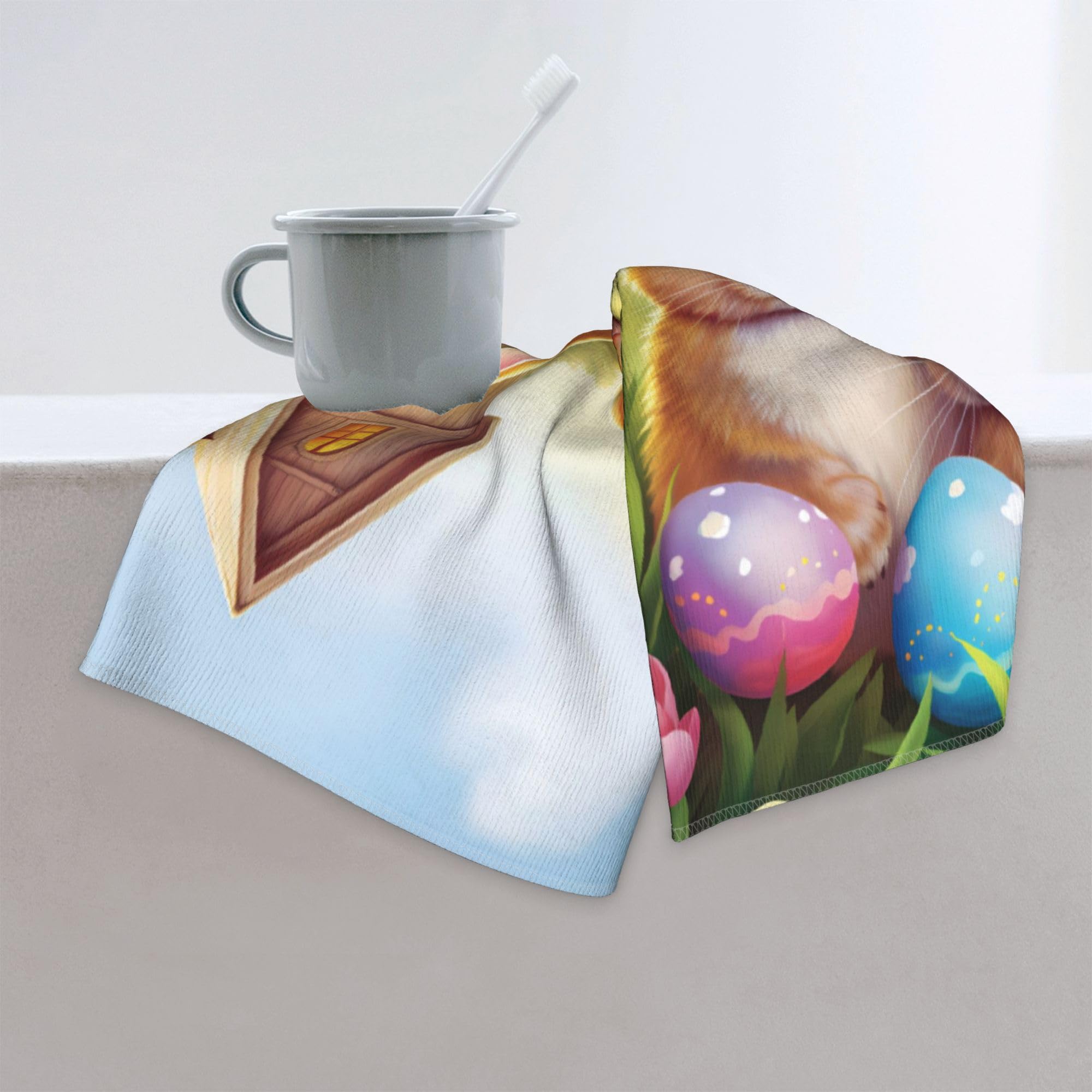 MANTAIYUAN Easter Bunny Eggs Floral Hand Towels for Home and Kitchen, Multipurpose Decorative 13.8x29.5 in Fingertip Towel Wooden House Washcloths Bathroom Accessory