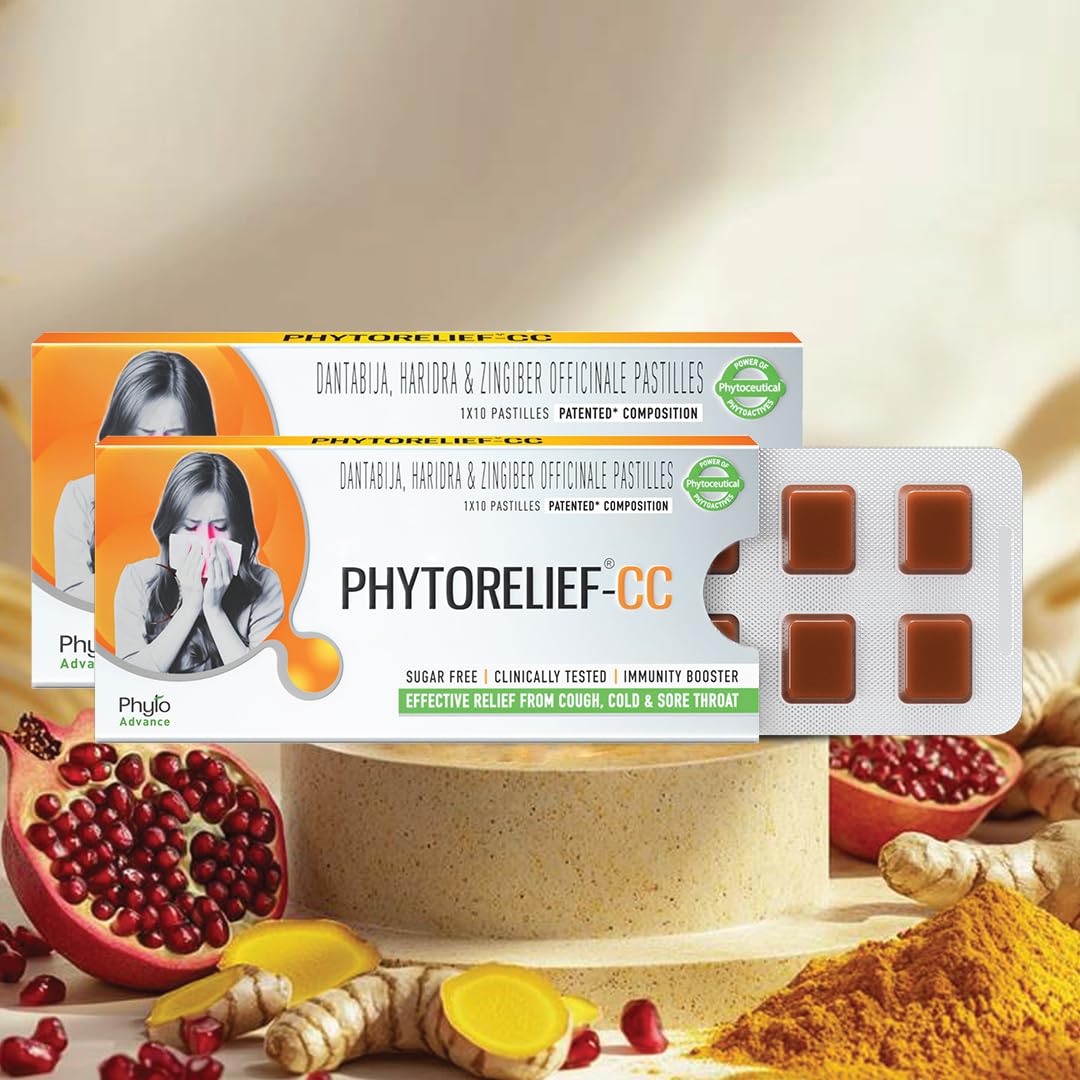 PhytoRelief-CC -5X Natural Support|Quick Relief From Sore & Scratchy Throat|Seasonal Cold & Cough|Clinically Tested & Patented| Sugar-Free -Pack Of 2 (20 Pastilles),Tablet,2 Count,10 Capsules