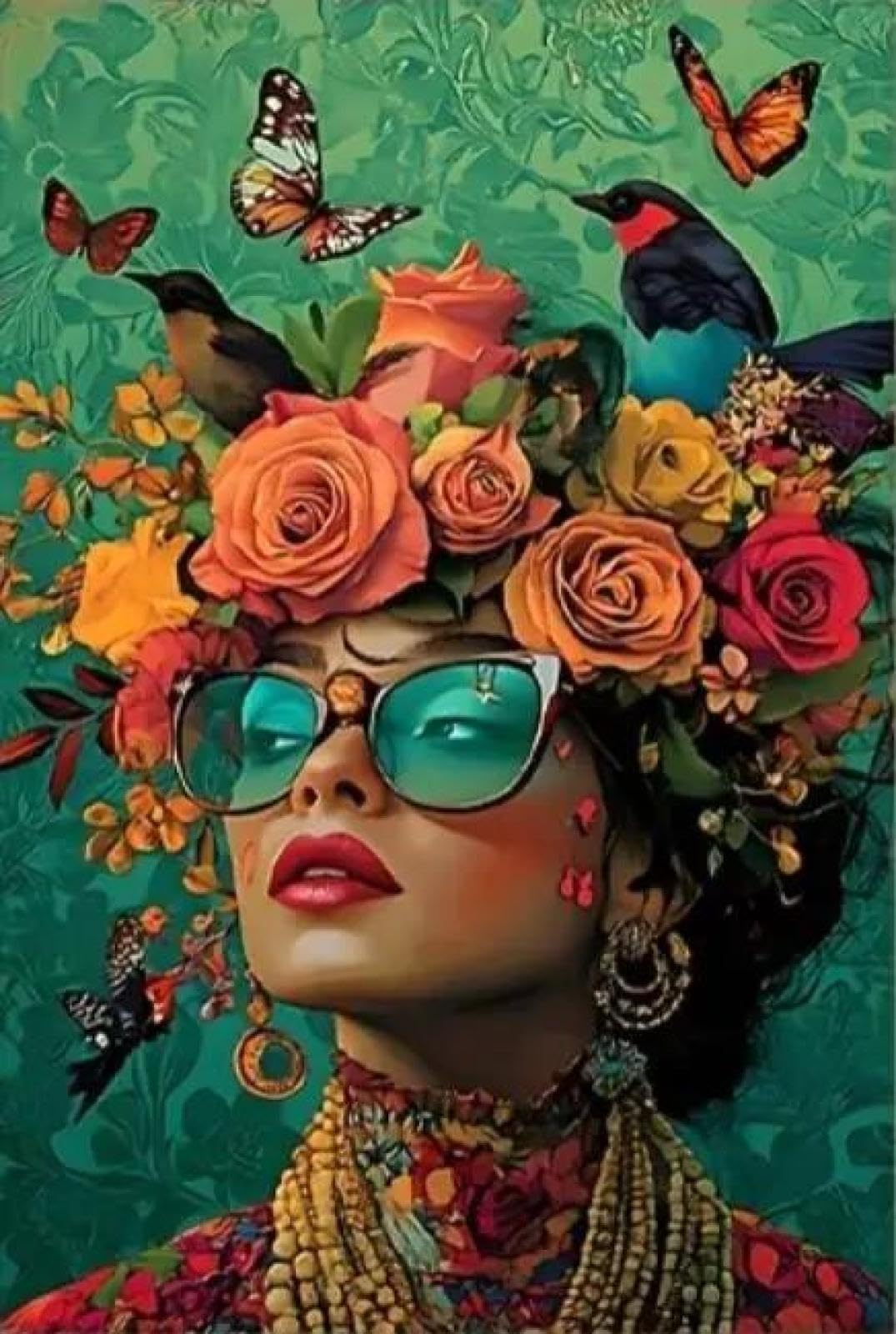 Yocheng Vibrant Floral Hair Woman With Butterflies And Birds Poster Prints Canvas Painting Wall Art Picture For Living Room Home Decor 60x90cm No Frame