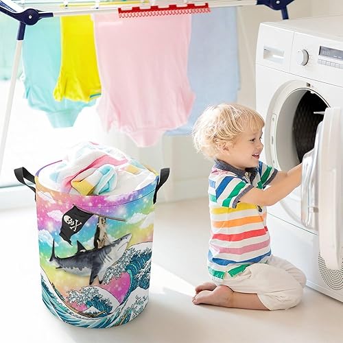 Miniatura 6 de Divertido tiburón perro independiente impermeable cesta de lavandería fantasía arco iris colorido cielo japonés gran ola impresión para dormitorio,