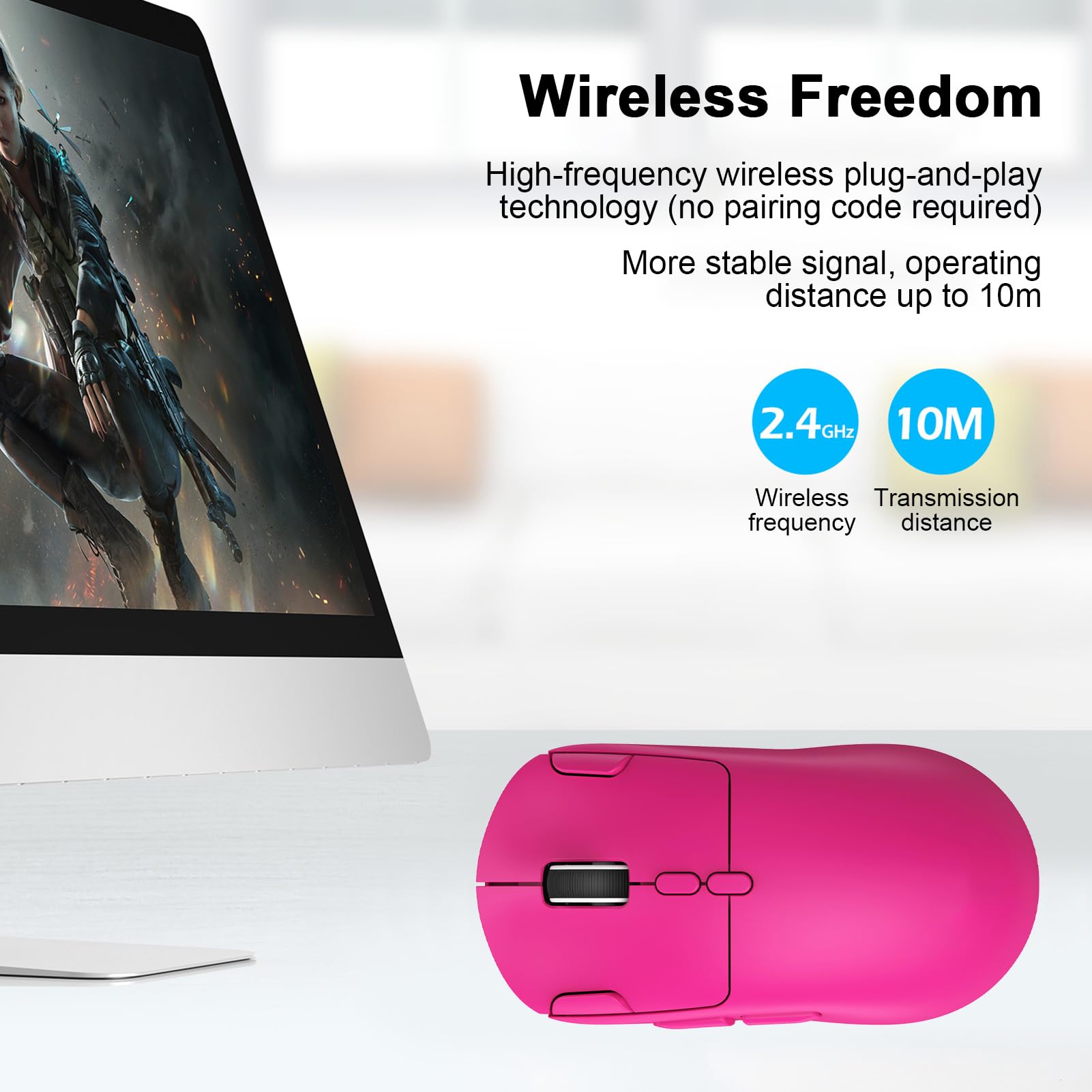 Diyeeni Mouse da Gioco Leggero per PC Portatile, modalità Tripla (PINK) | Tripla connessione 2.4G/BT/cablata, guscio ergonomico All Grip, batteria lunga 500 mAh, 10 pulsanti programmabili, 6 DPI