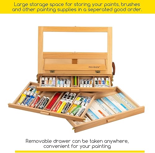 Miniatura 5 de MEEDEN Caballete grande ajustable de mesa para dibujos, caja de almacenamiento de madera de haya maciza multifunción con 3 cajones para artistas,