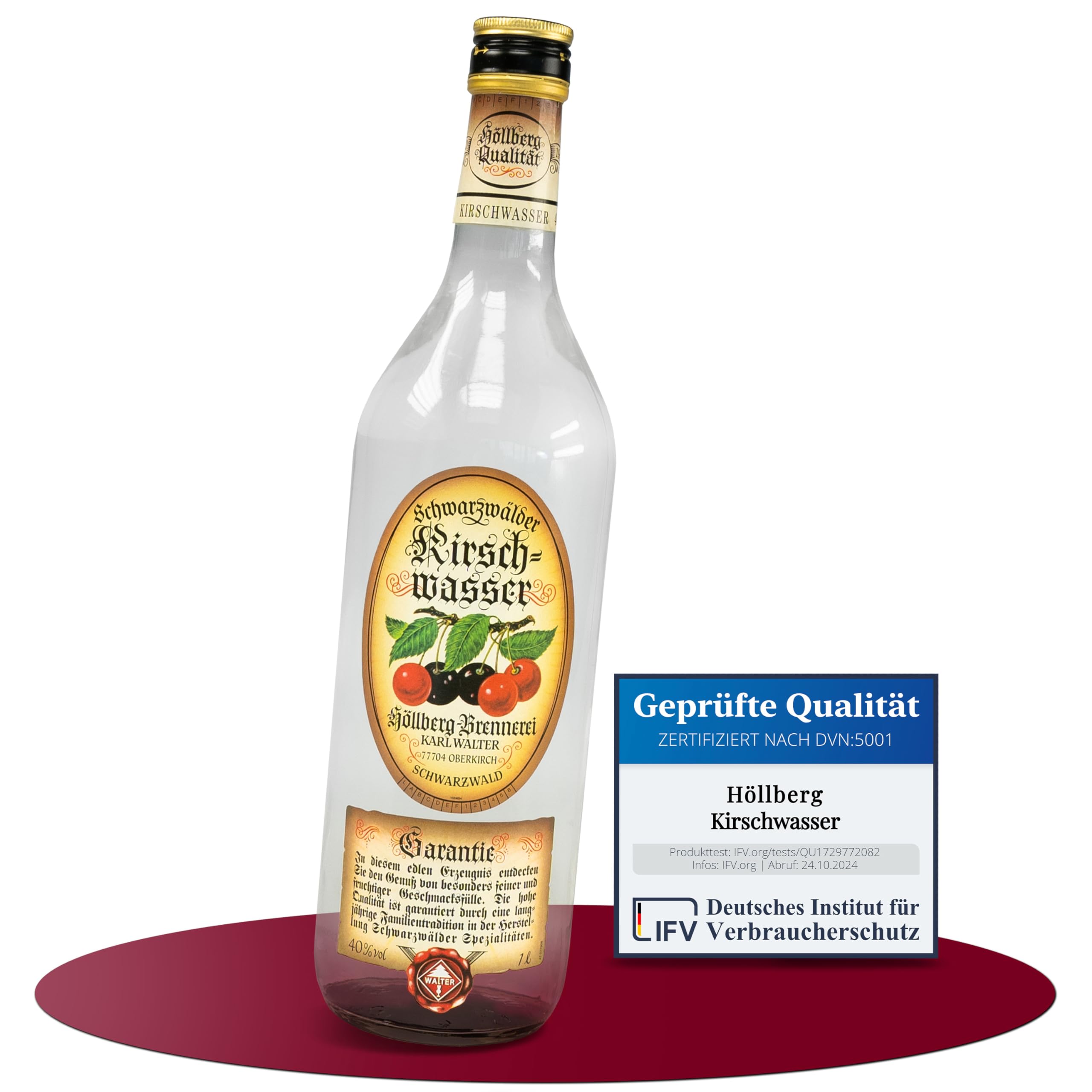Original Höllberg Kirschwasser 40% vol., 1 Liter | Edler Premium Obstbrand aus dem Schwarzwald
