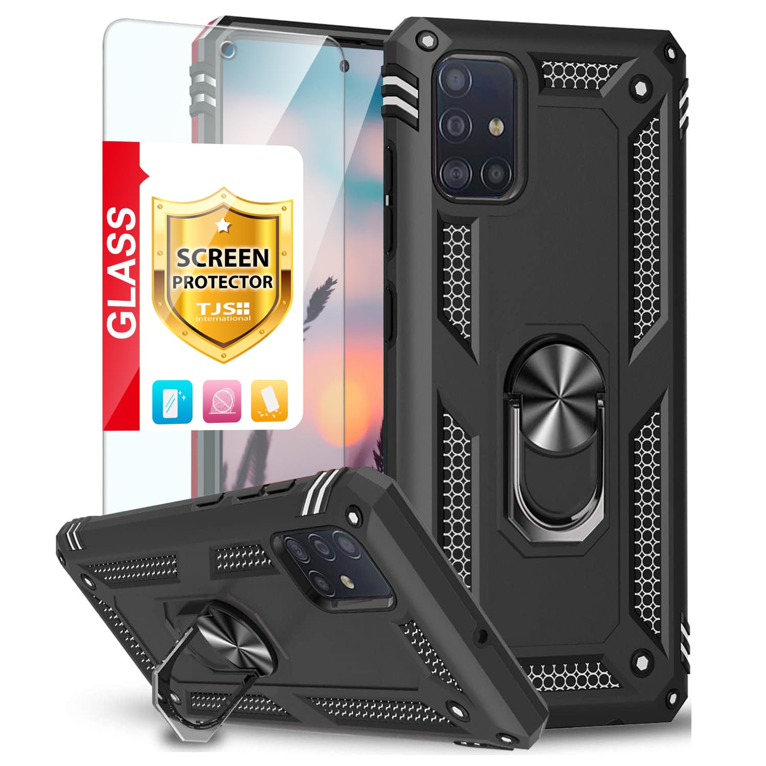 TJS Compatible with Samsung Galaxy A51 5G Case (Not Fit Galaxy A51 4G), with Tempered Glass Screen Protector Metal Ring Magnetic Support Kickstand