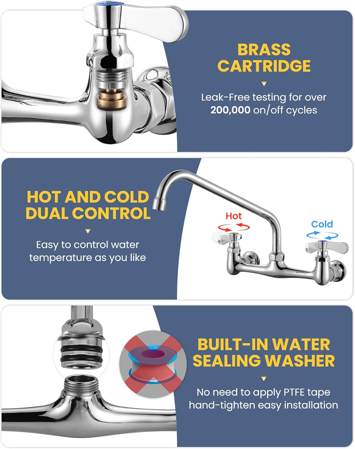 Commercial Sink Faucet with 12” Swivel Spout, 8" Center Wall Mount Kitchen Faucet, Dual Handles Brass Utility Sink Faucet for Laundry Room Restaurant Compartment Sink, Polish Chrome